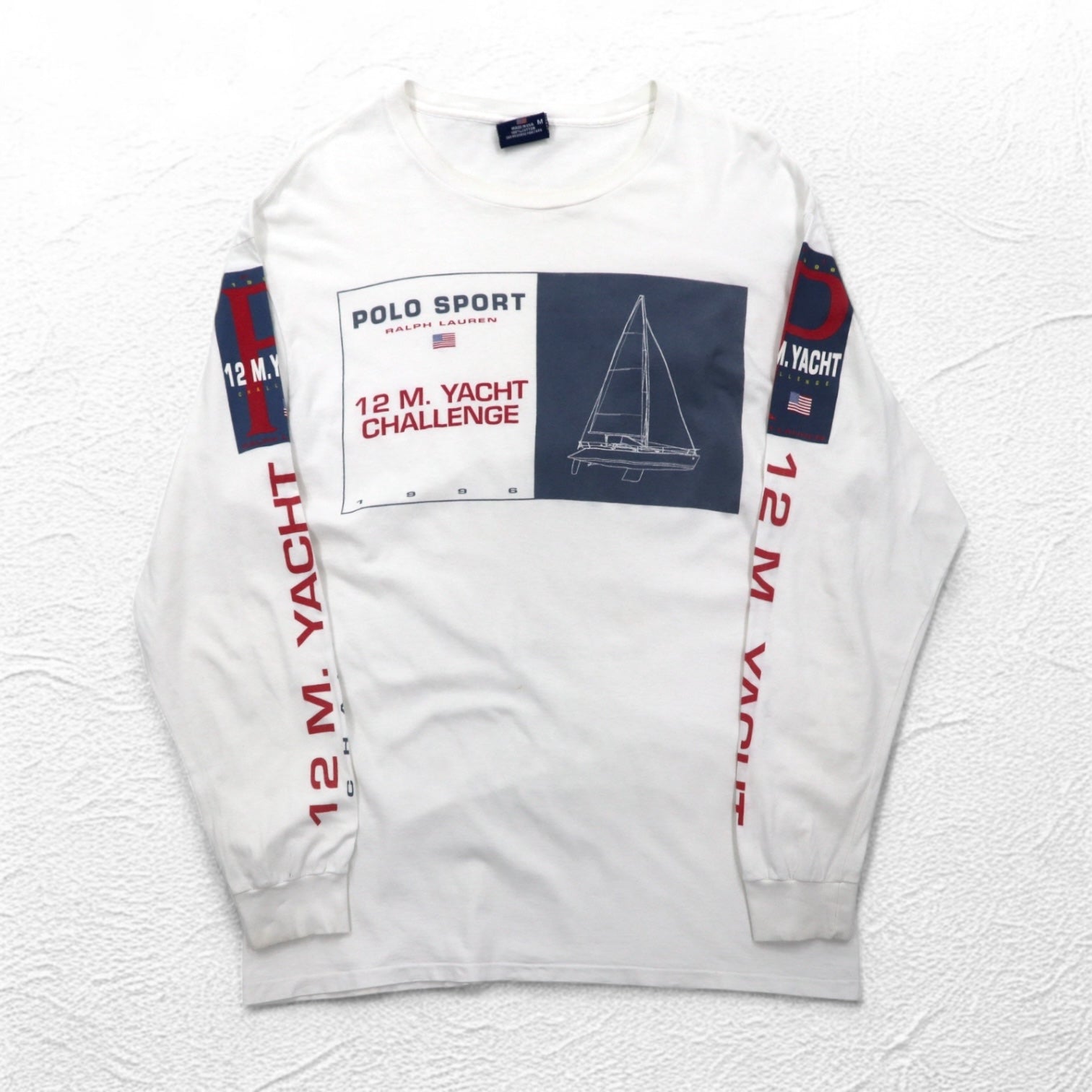 POLO SPORT RALPH LAUREN 90年代 USA製 ロングスリーブ Tシャツ ロンT XL ホワイト 12M. YACHT CHALLENGE 袖プリント