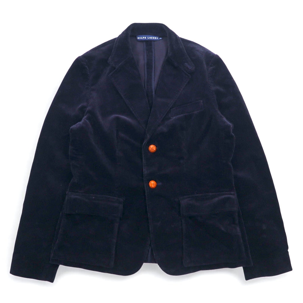 RALPH LAUREN Blazer in Velluto a Coste Anni '90, 2 Bottoni, Taglio Sartoriale, XL, Blu Navy, Bottoni in Cuoio