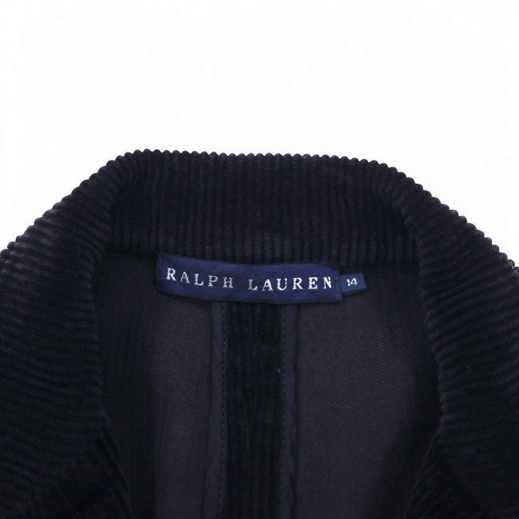 RALPH LAUREN Blazer in Velluto a Coste Anni '90, 2 Bottoni, Taglio Sartoriale, XL, Blu Navy, Bottoni in Cuoio