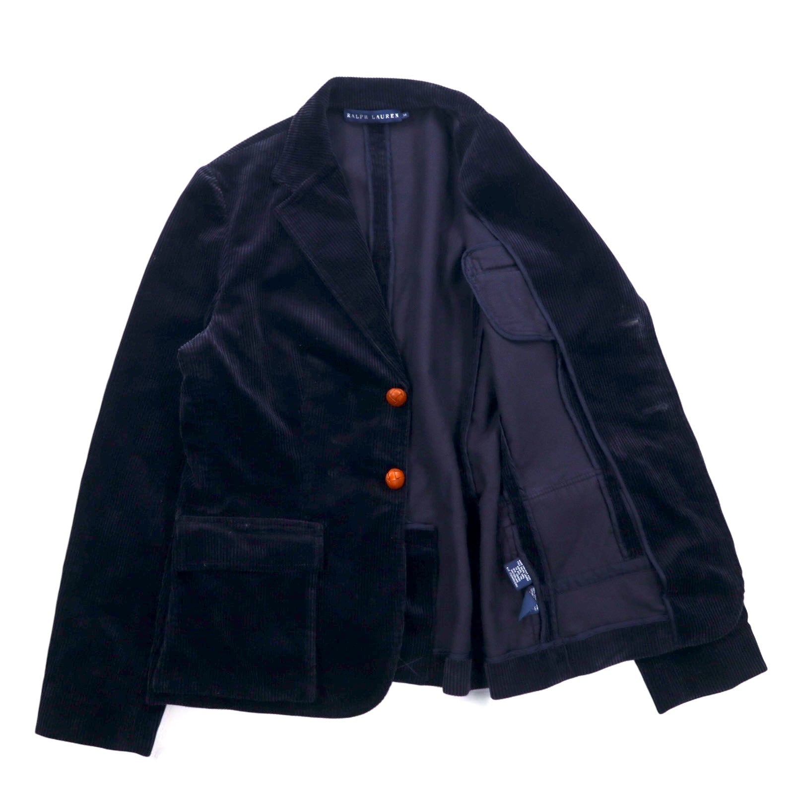 RALPH LAUREN Blazer in Velluto a Coste Anni '90, 2 Bottoni, Taglio Sartoriale, XL, Blu Navy, Bottoni in Cuoio