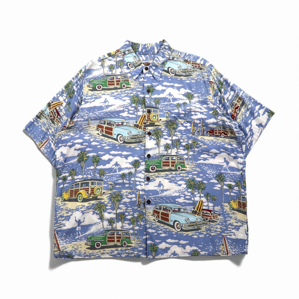 ART OF EDDY Y by REYN SPOONER camicia hawaiana con auto d'epoca blu XL, rayon filato, anni '90, Made in Hawaii