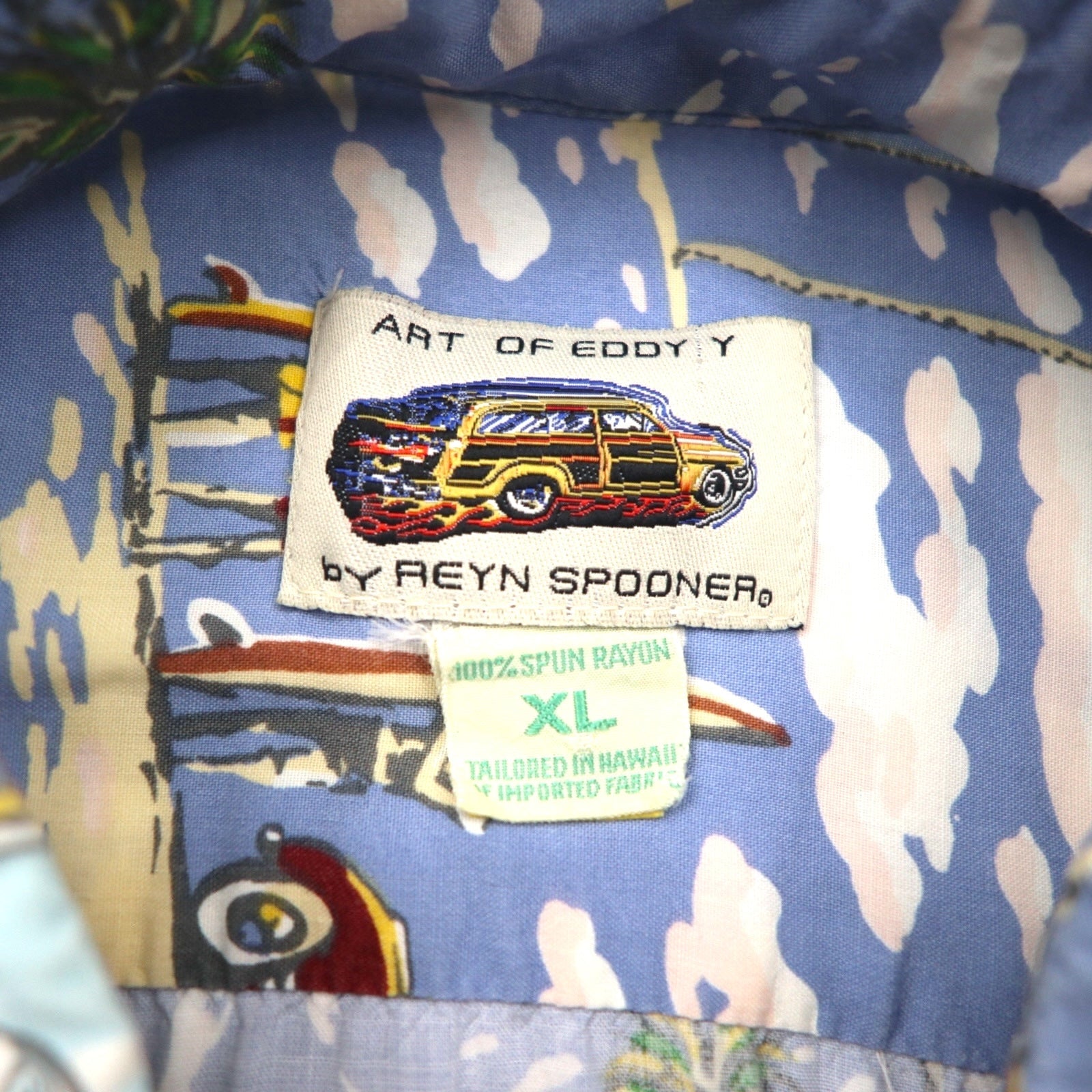 ART OF EDDY Y by REYN SPOONER camicia hawaiana con auto d'epoca blu XL, rayon filato, anni '90, Made in Hawaii