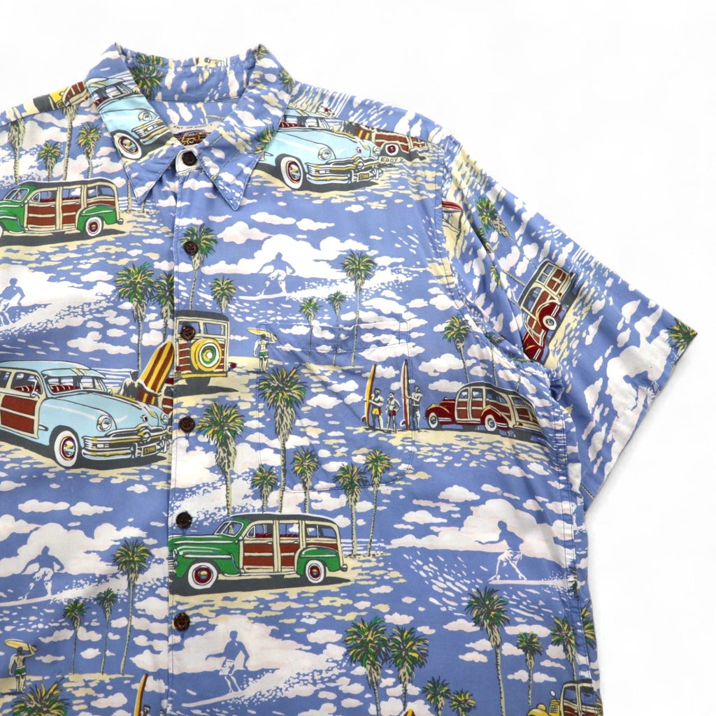 ART OF EDDY Y by REYN SPOONER camicia hawaiana con auto d'epoca blu XL, rayon filato, anni '90, Made in Hawaii