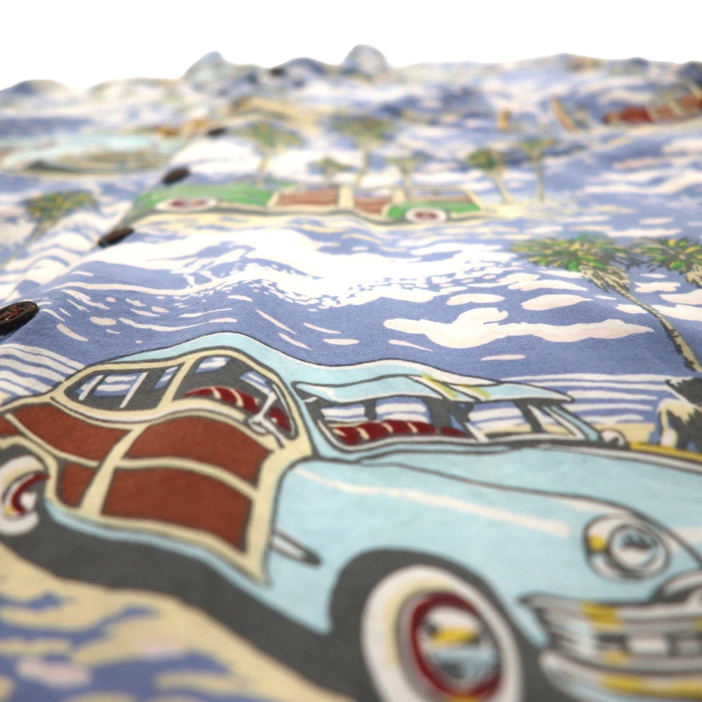 ART OF EDDY Y by REYN SPOONER camicia hawaiana con auto d'epoca blu XL, rayon filato, anni '90, Made in Hawaii