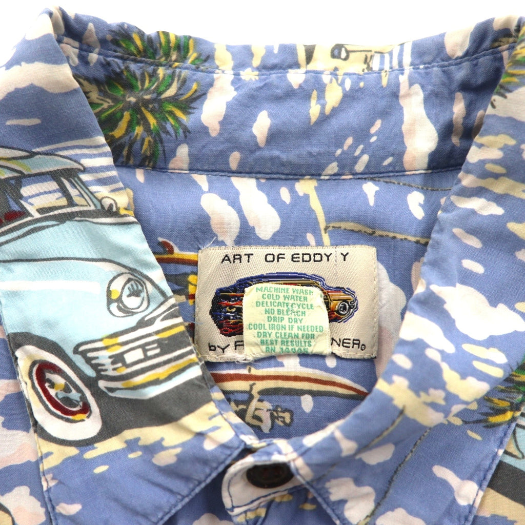 ART OF EDDY Y by REYN SPOONER camicia hawaiana con auto d'epoca blu XL, rayon filato, anni '90, Made in Hawaii