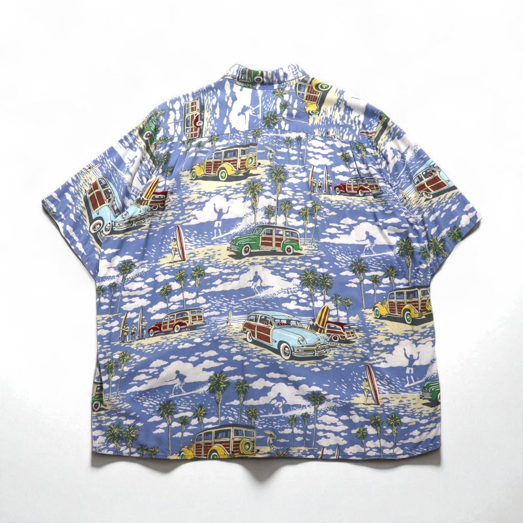 ART OF EDDY Y by REYN SPOONER camicia hawaiana con auto d'epoca blu XL, rayon filato, anni '90, Made in Hawaii