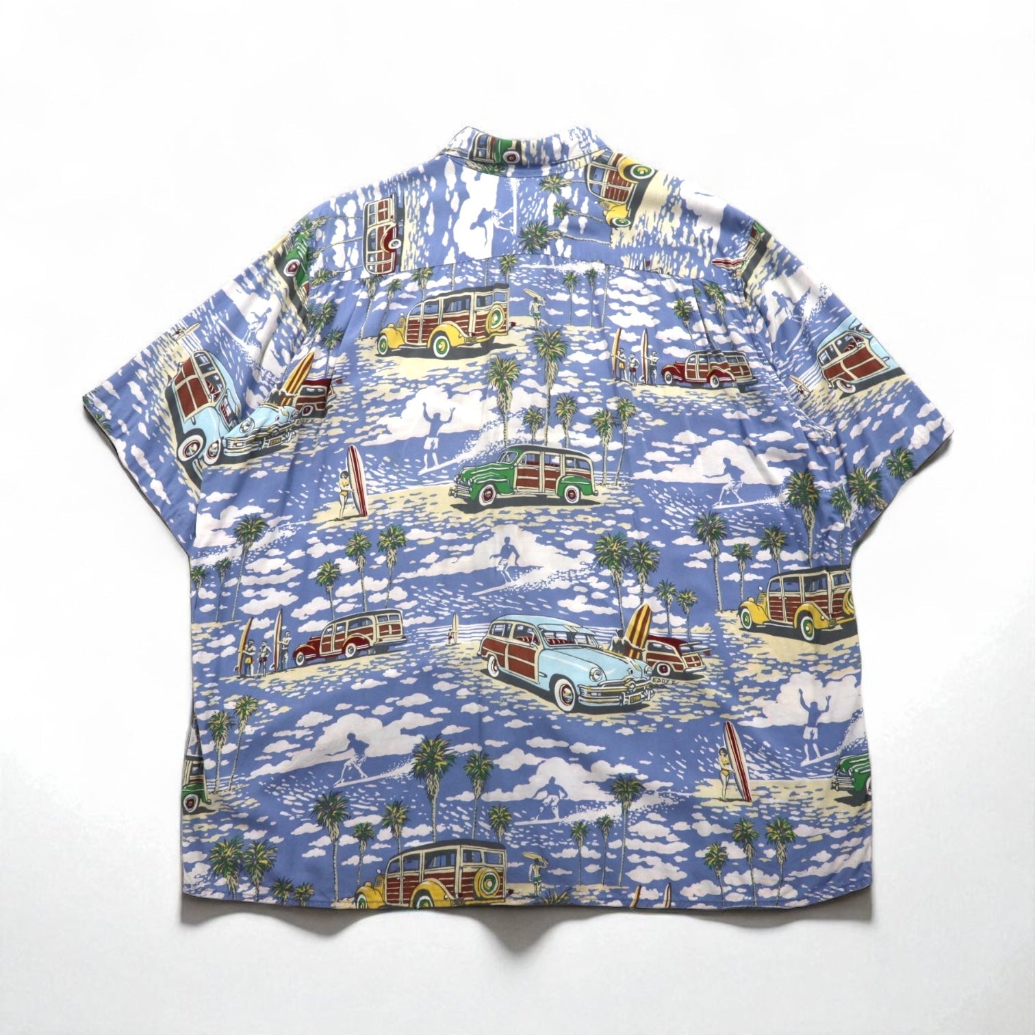 ART OF EDDY Y by REYN SPOONER 90年代 ハワイ製 クラシックカー アロハシャツ XL ブルー スパンレーヨン