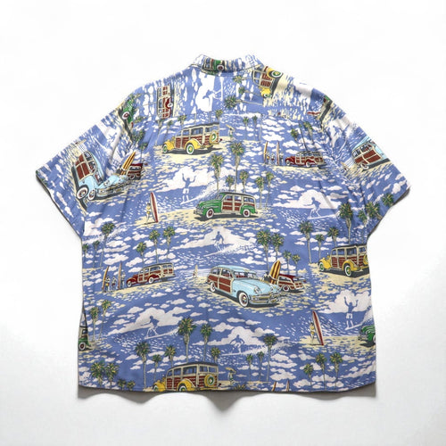 ART OF EDDY Y by REYN SPOONER camicia hawaiana con auto d'epoca blu XL, rayon filato, anni '90, Made in Hawaii