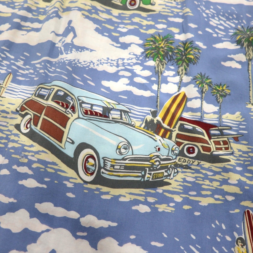 ART OF EDDY Y by REYN SPOONER camicia hawaiana con auto d'epoca blu XL, rayon filato, anni '90, Made in Hawaii