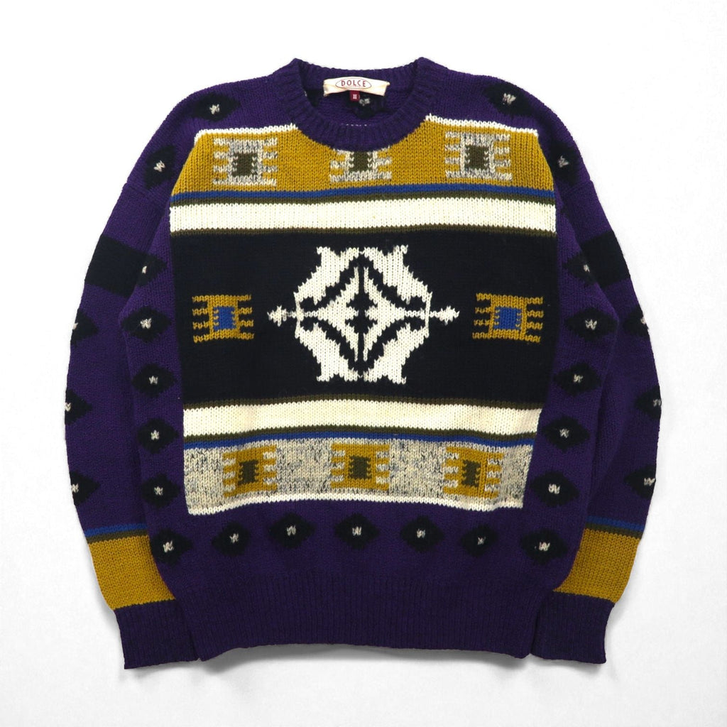 DOLCE 80s Japan Vintage Knit 総柄 ニット セーター L パープル ウール モヘア混 80年代 日本製