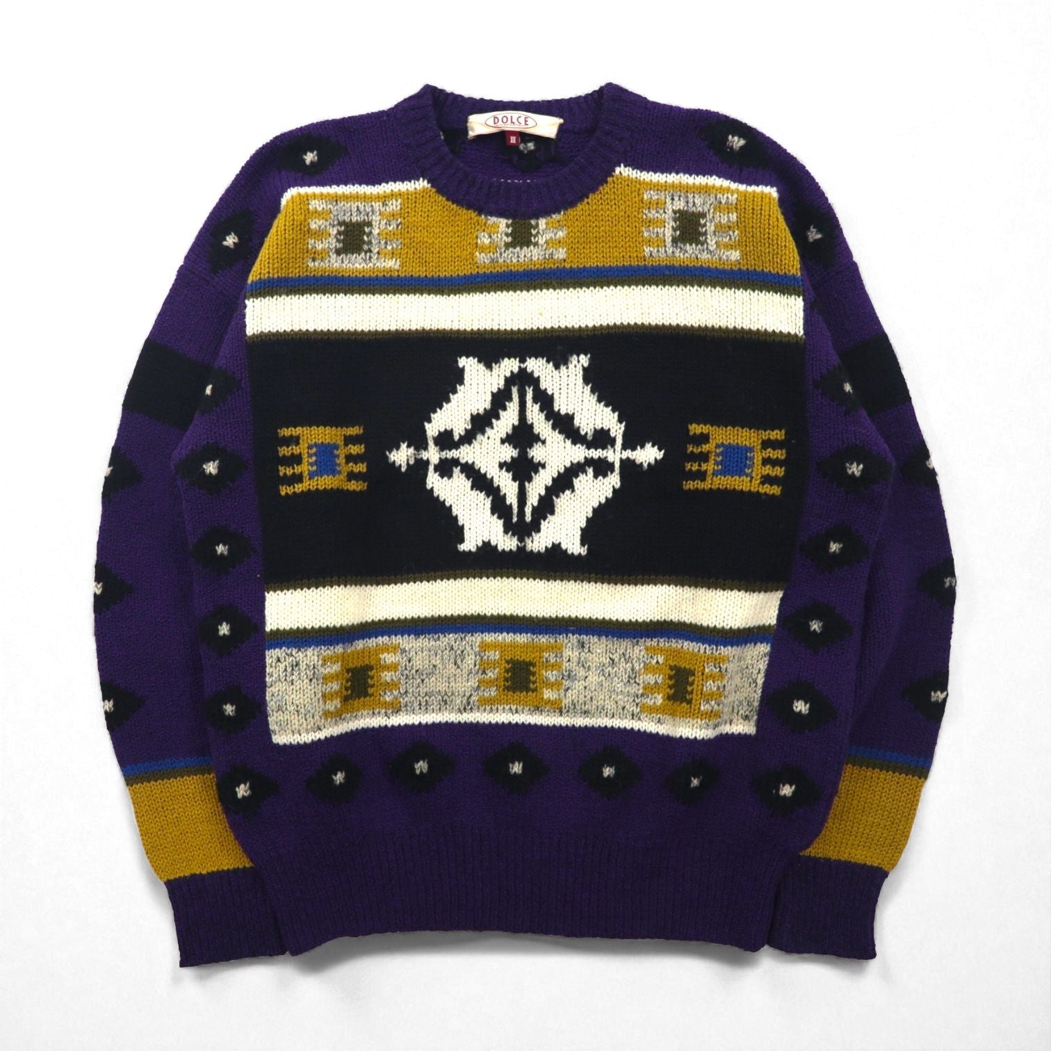 DOLCE 80s Japan Vintage Knit 総柄 ニット セーター L パープル ウール モヘア混 80年代 日本製