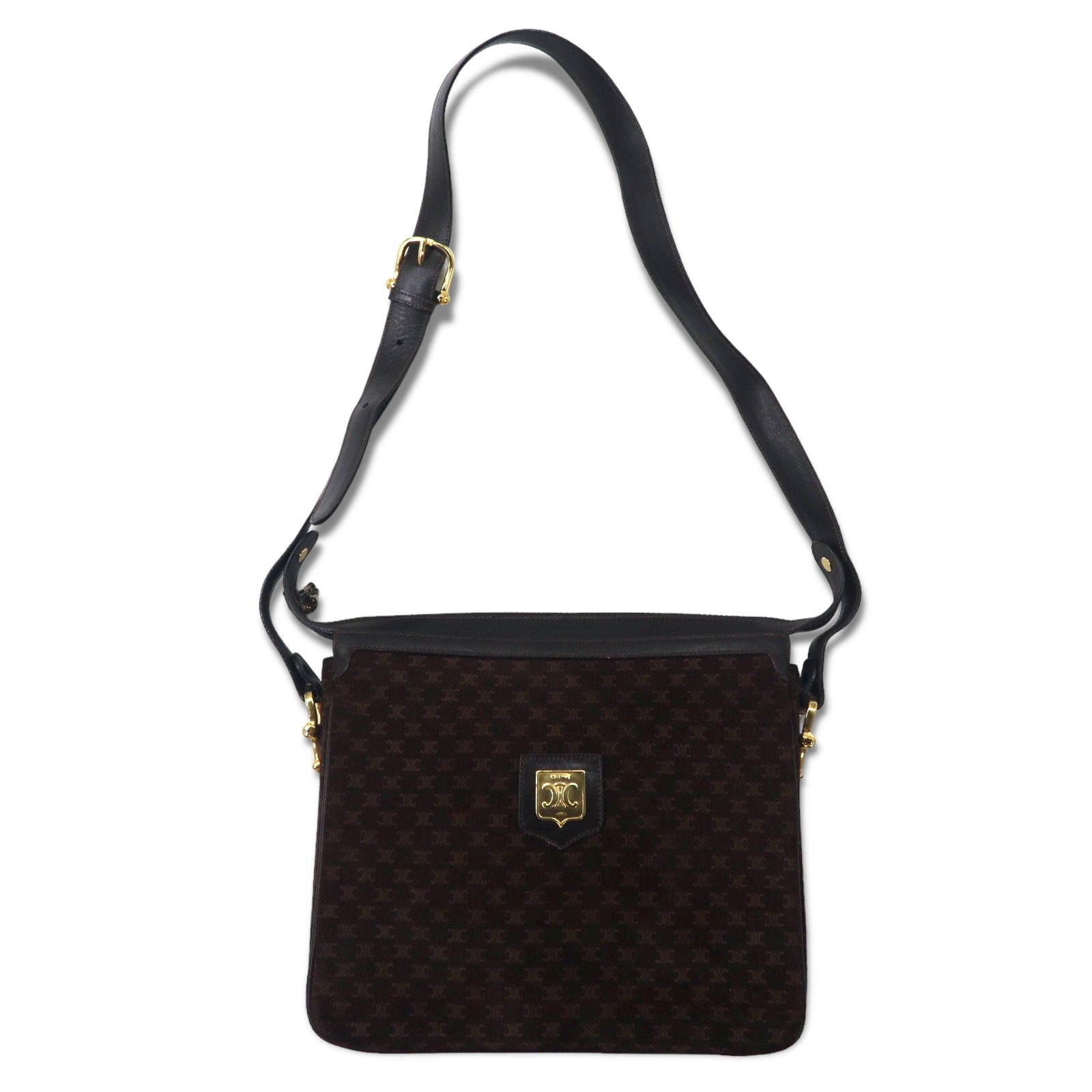 CELINE Borsa a tracolla Old Macadam, pelle scamosciata marrone, placca logo Triomphe, Made in Italy