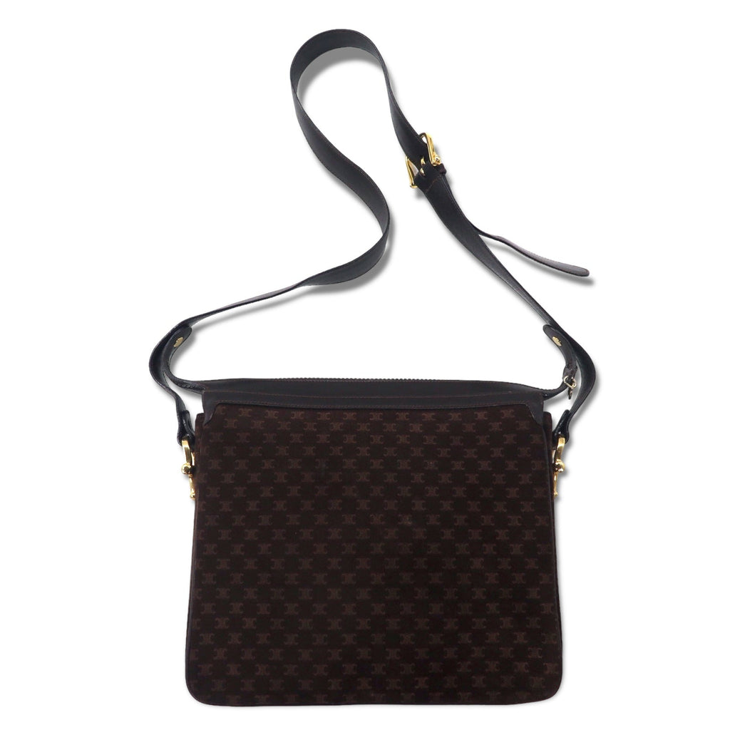 CELINE Borsa a tracolla Old Macadam, pelle scamosciata marrone, placca logo Triomphe, Made in Italy