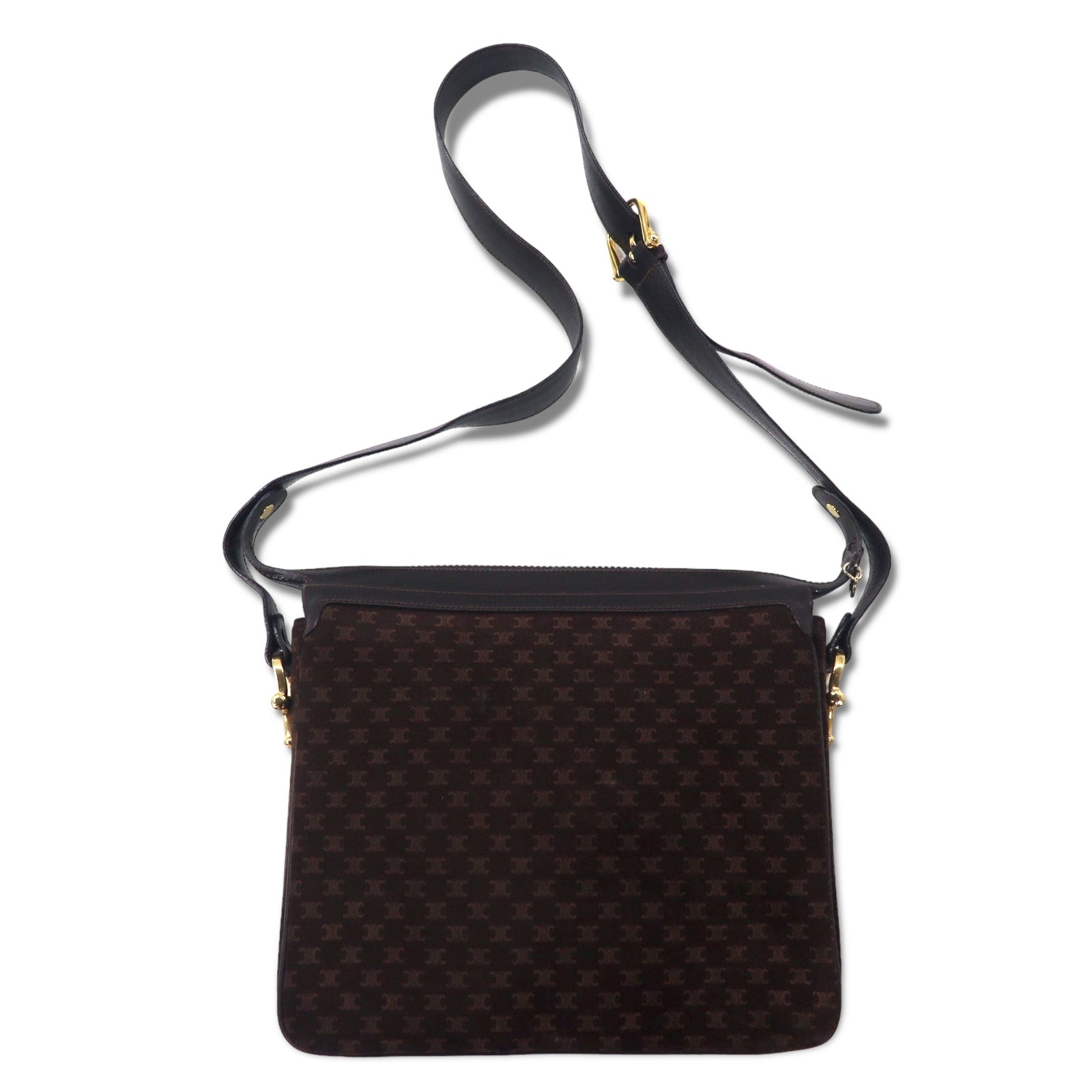 CELINE Borsa a tracolla Old Macadam, pelle scamosciata marrone, placca logo Triomphe, Made in Italy