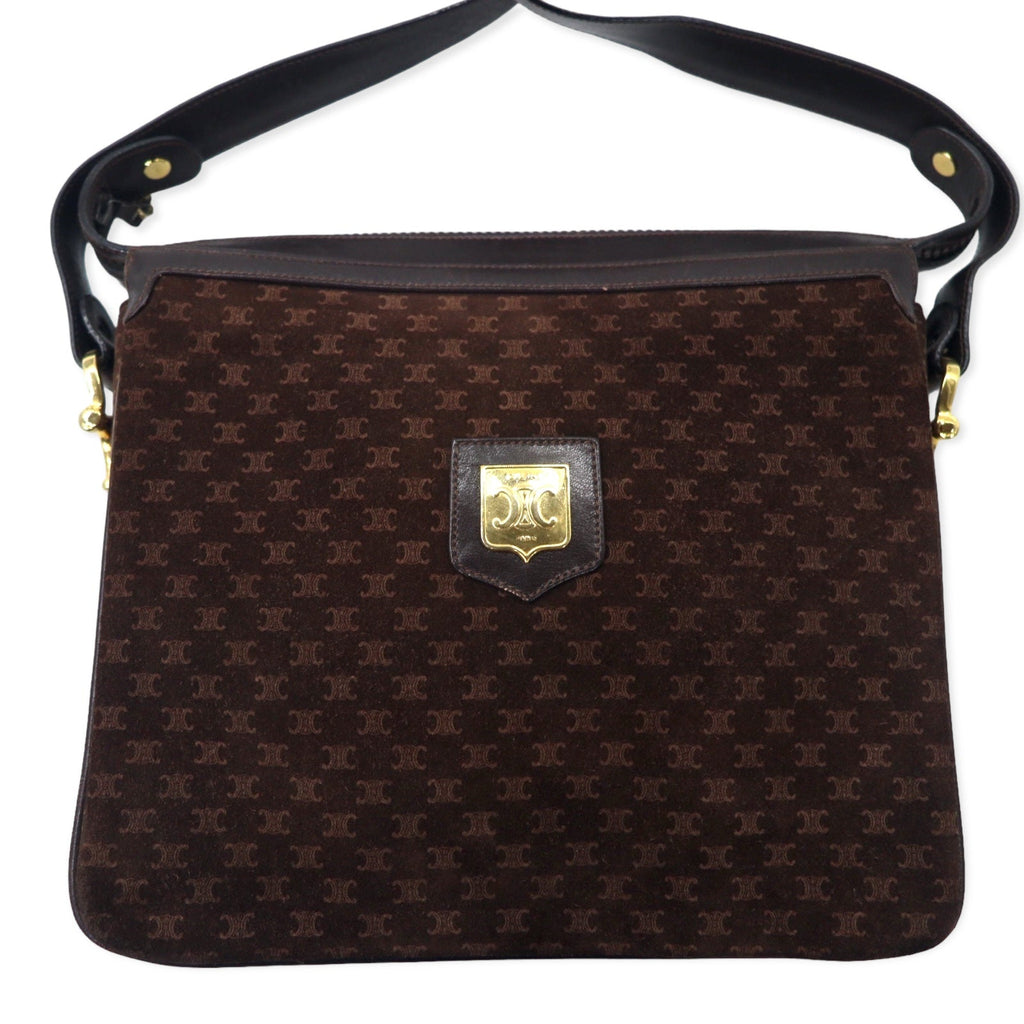 CELINE Borsa a tracolla Old Macadam, pelle scamosciata marrone, placca logo Triomphe, Made in Italy
