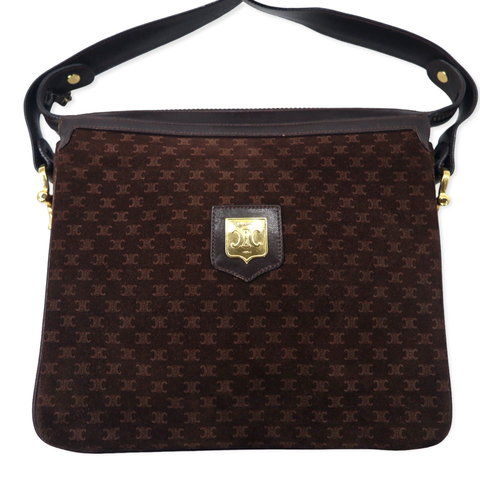 CELINE Borsa a tracolla Old Macadam, pelle scamosciata marrone, placca logo Triomphe, Made in Italy