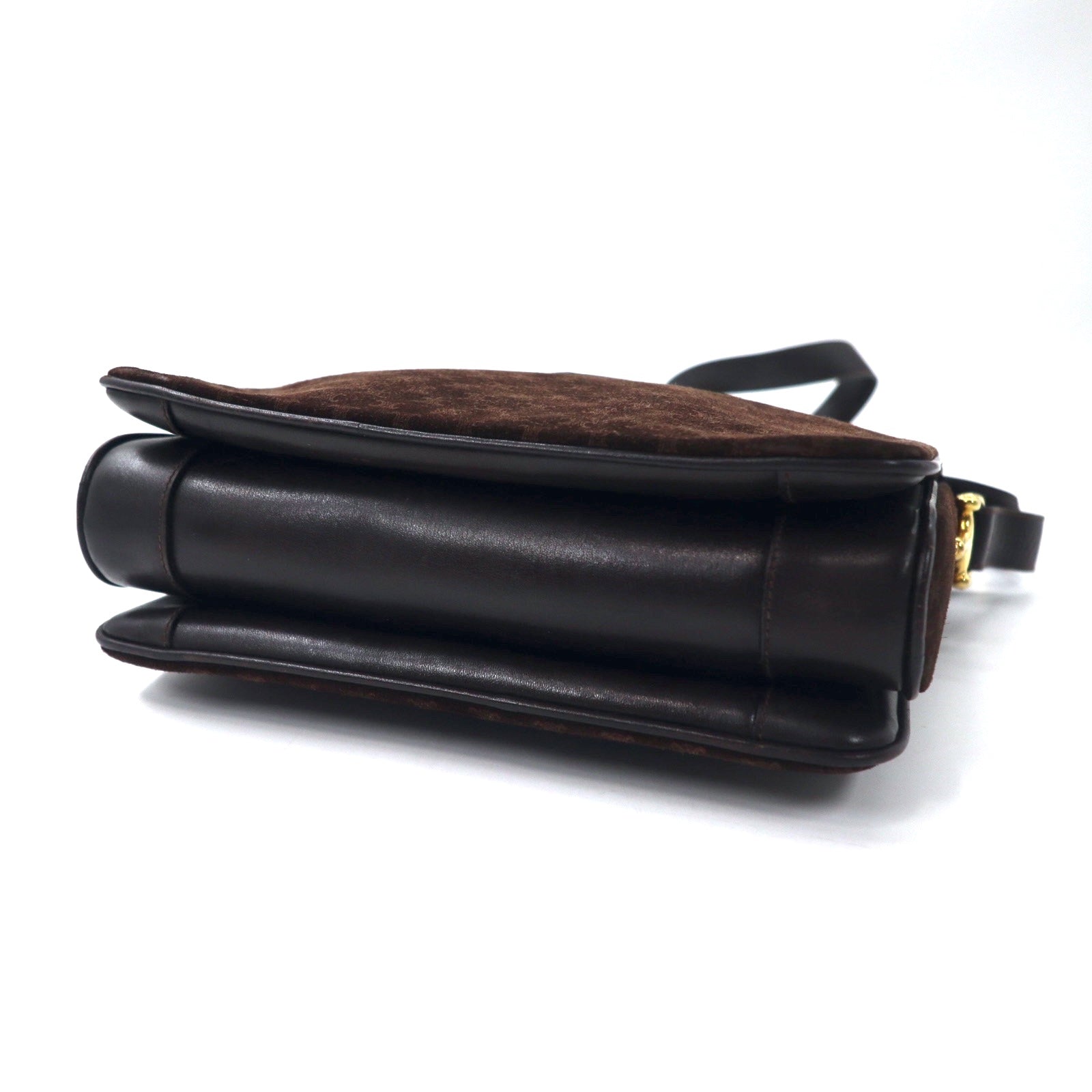 CELINE Borsa a tracolla Old Macadam, pelle scamosciata marrone, placca logo Triomphe, Made in Italy