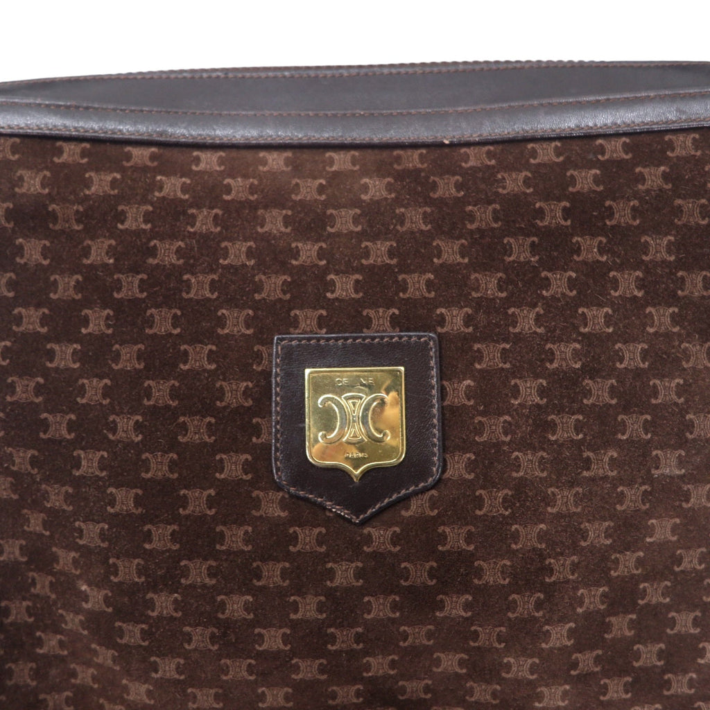 CELINE Borsa a tracolla Old Macadam, pelle scamosciata marrone, placca logo Triomphe, Made in Italy
