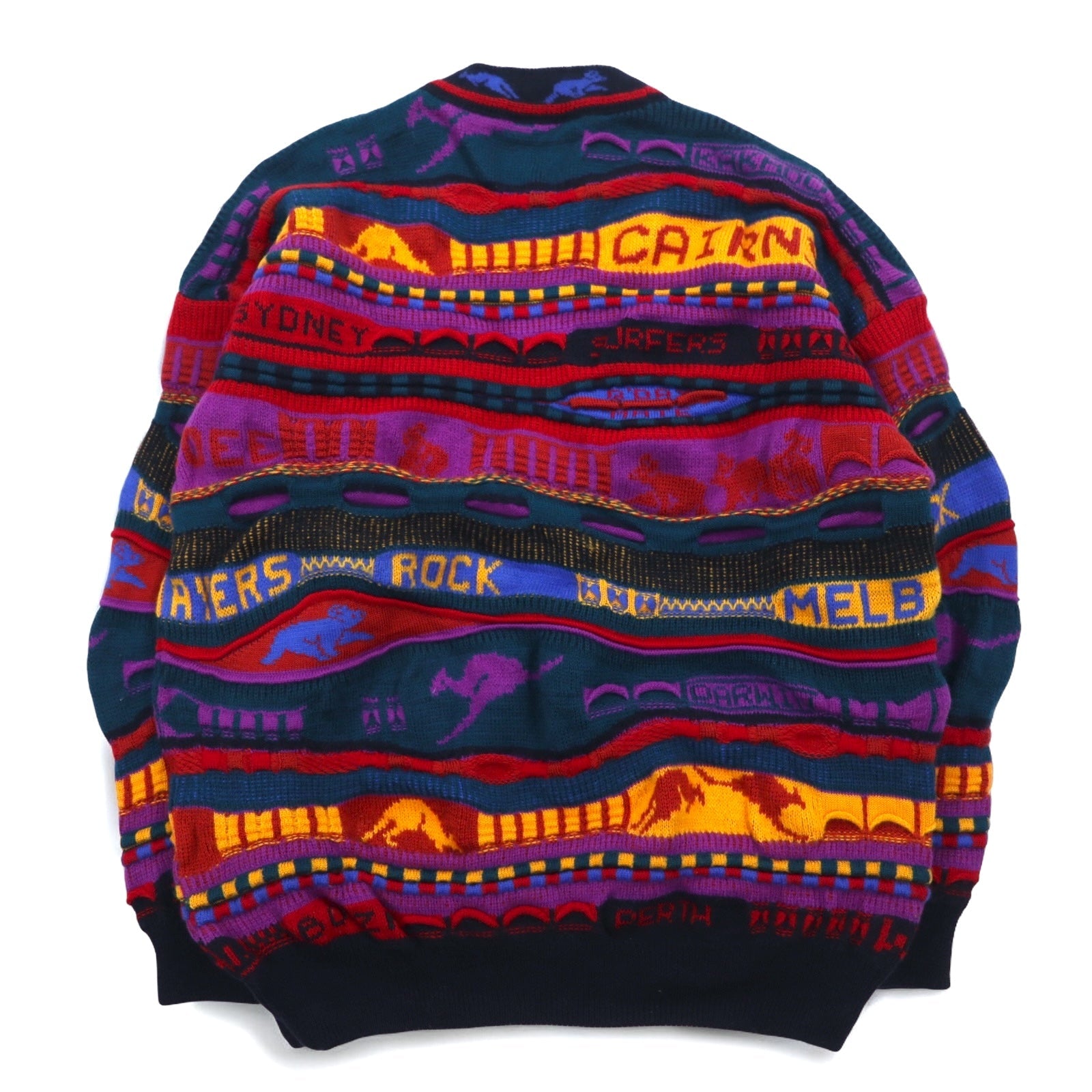 EMAROO AUSTRALIA by HYSPORT anni '90 maglione in maglia jacquard 3D M multicolore lana fantasia made in Australia