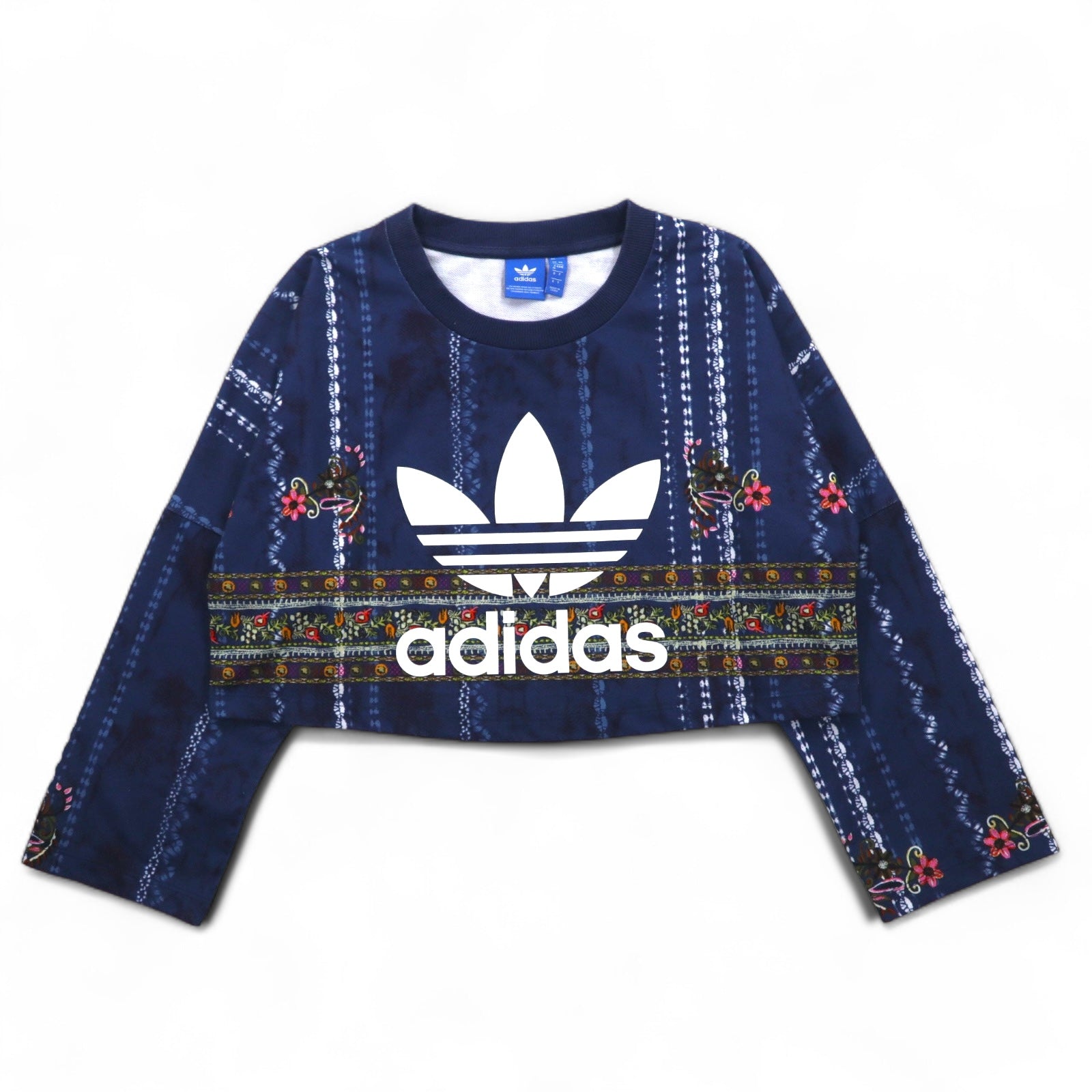 Felpa cropped adidas Originals, taglia M, blu navy, poliestere, fantasia all-over, logo Trifoglio, modello Cirande Sweat AY6896