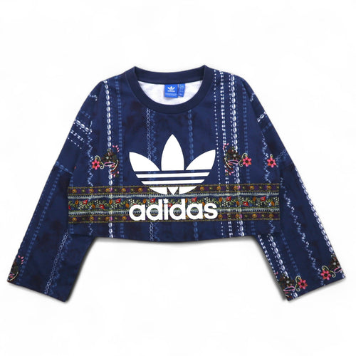Felpa cropped adidas Originals, taglia M, blu navy, poliestere, fantasia all-over, logo Trifoglio, modello Cirande Sweat AY6896