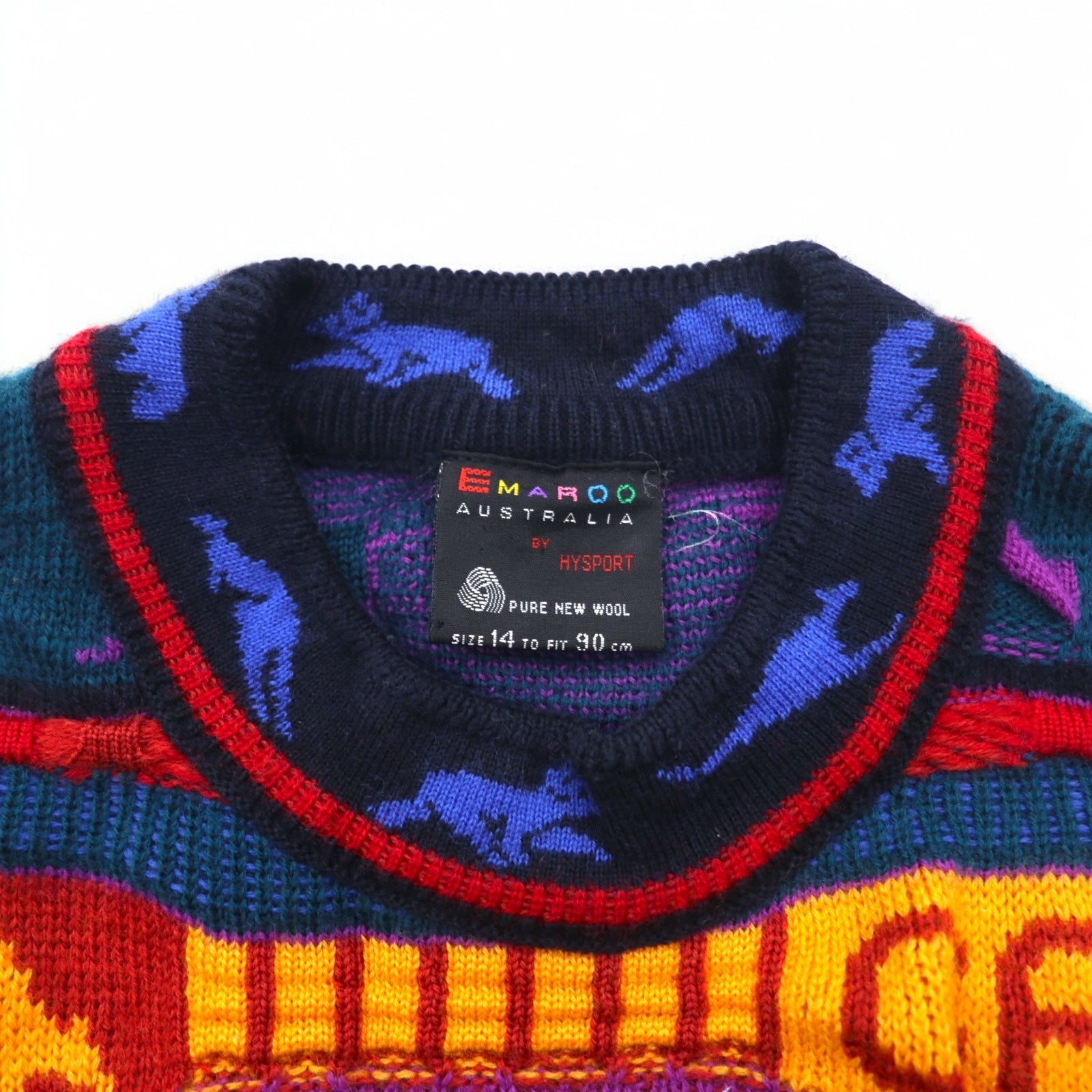 EMAROO AUSTRALIA by HYSPORT anni '90 maglione in maglia jacquard 3D M multicolore lana fantasia made in Australia
