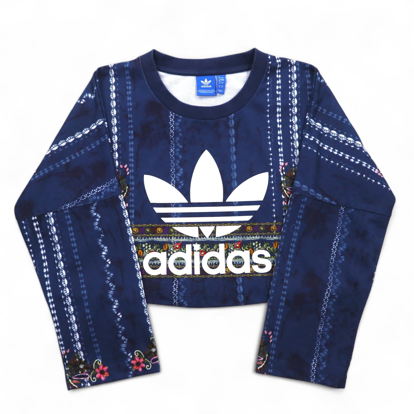 Felpa cropped adidas Originals, taglia M, blu navy, poliestere, fantasia all-over, logo Trifoglio, modello Cirande Sweat AY6896