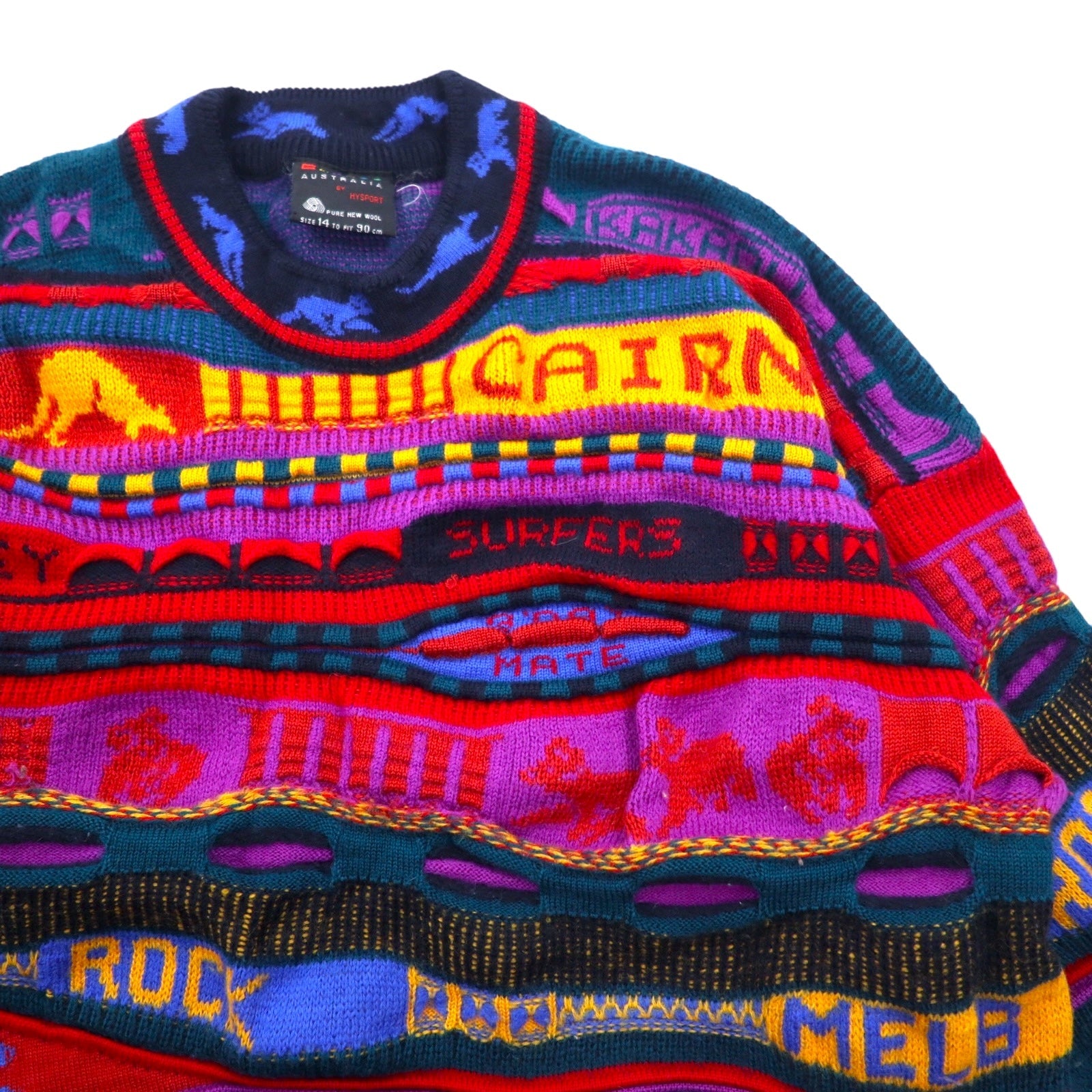 EMAROO AUSTRALIA by HYSPORT anni '90 maglione in maglia jacquard 3D M multicolore lana fantasia made in Australia