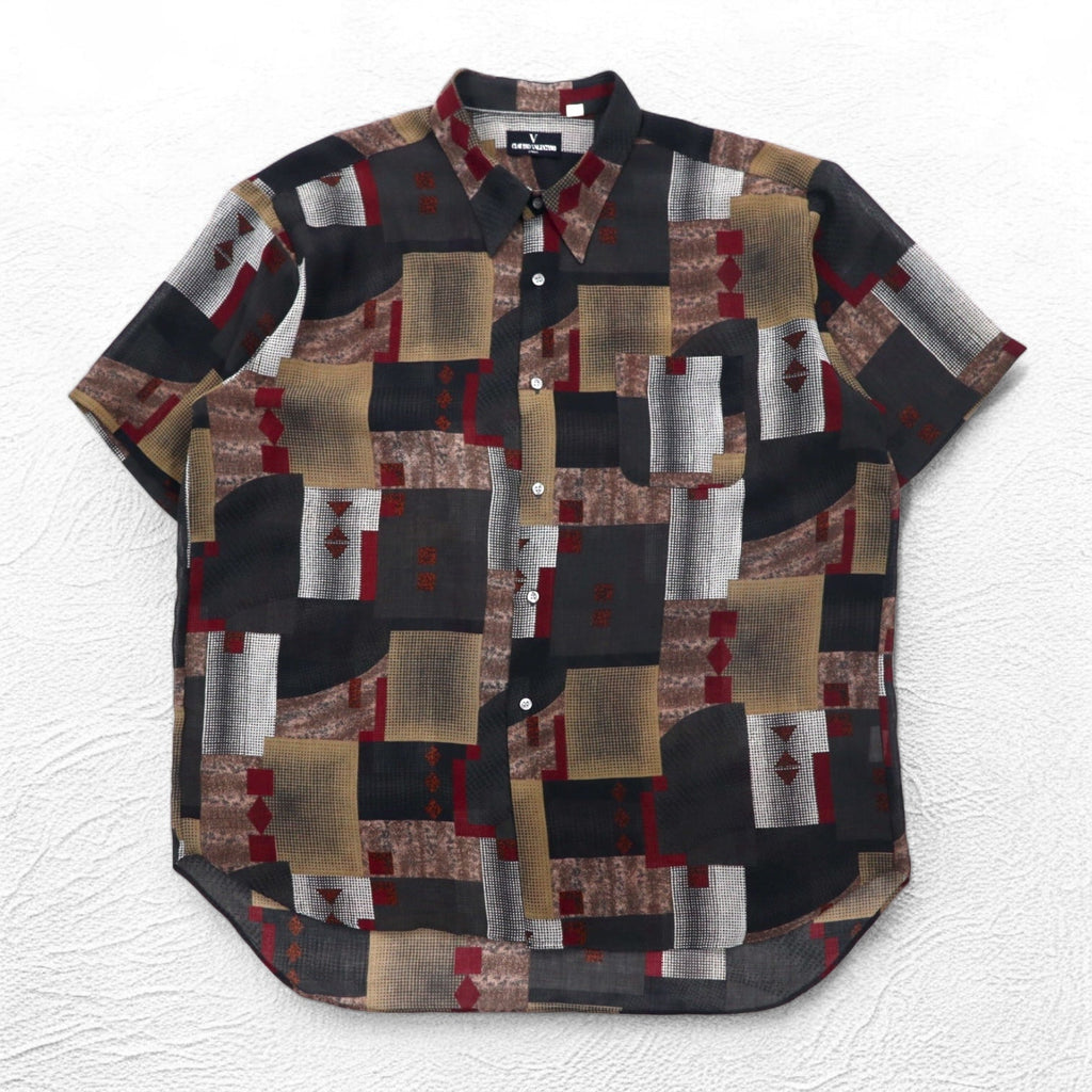 Camicia da uomo oversize a maniche corte, anni '90, motivo retrò all-over, in poliestere, CLAUDIO VALENTINO, taglia 4XL, nera, motivo all-over