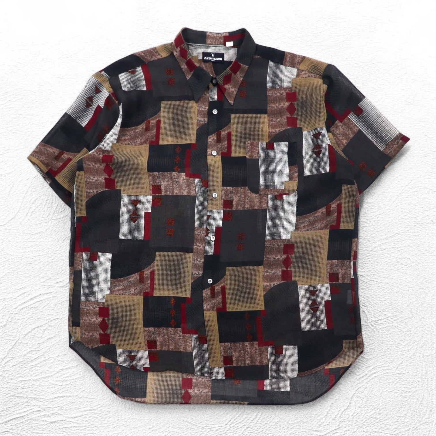 Camicia da uomo oversize a maniche corte, anni '90, motivo retrò all-over, in poliestere, CLAUDIO VALENTINO, taglia 4XL, nera, motivo all-over