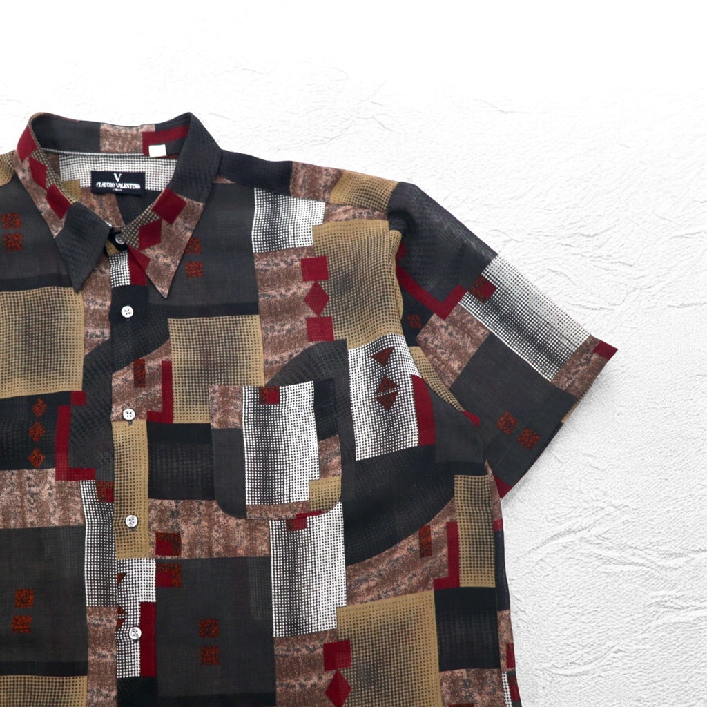 Camicia da uomo oversize a maniche corte, anni '90, motivo retrò all-over, in poliestere, CLAUDIO VALENTINO, taglia 4XL, nera, motivo all-over