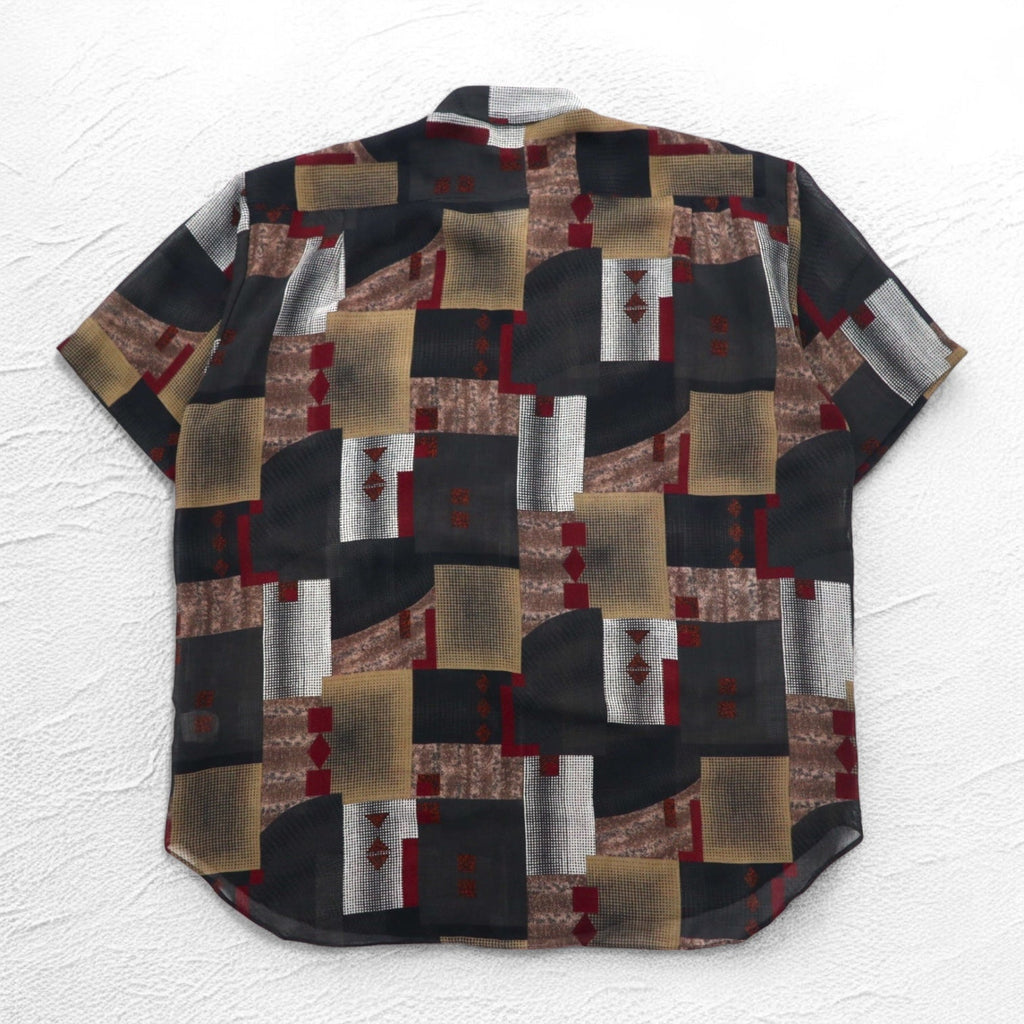 Camicia da uomo oversize a maniche corte, anni '90, motivo retrò all-over, in poliestere, CLAUDIO VALENTINO, taglia 4XL, nera, motivo all-over