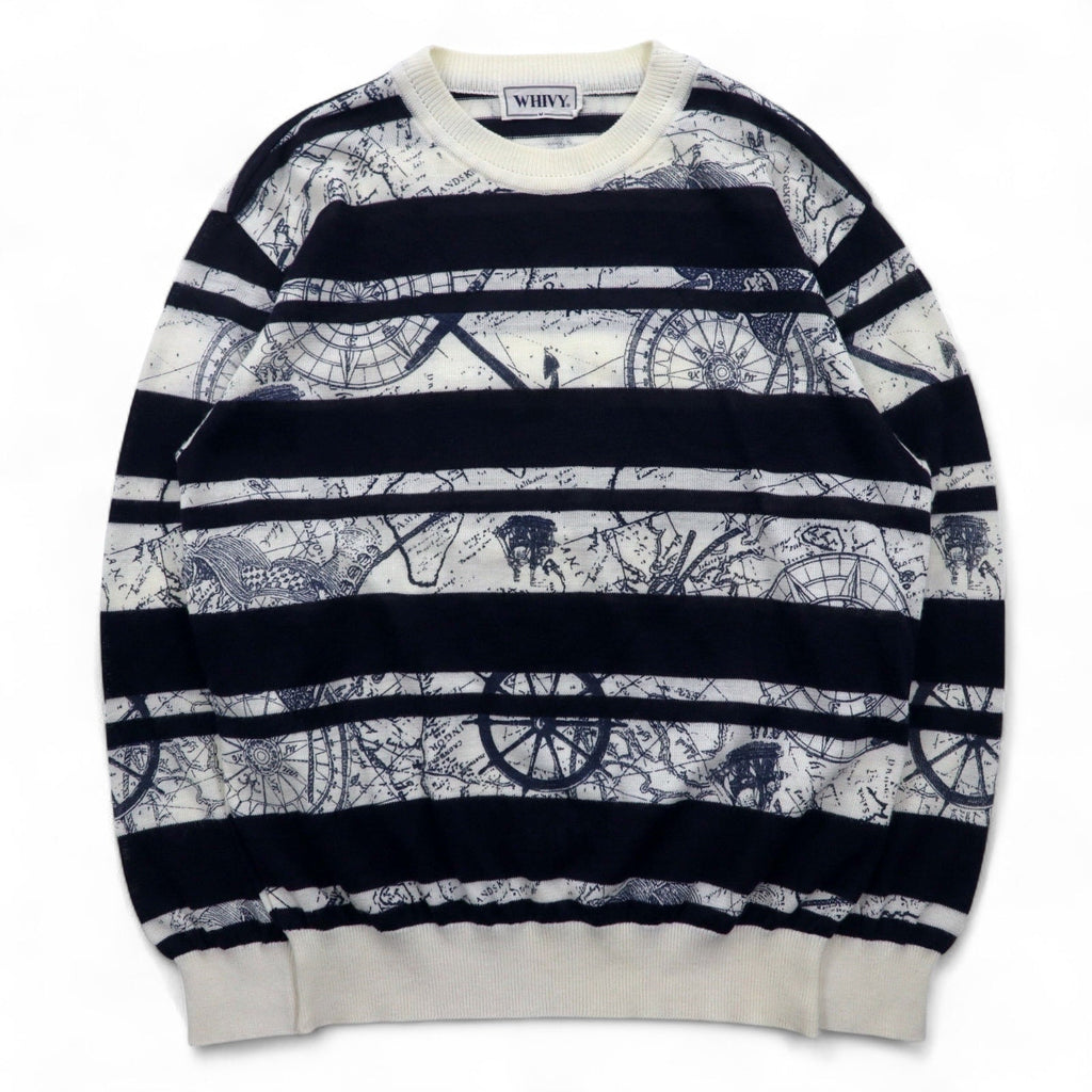 Maglione a righe vintage anni '90 WHIVY in lino, taglia M, bianco con motivo a righe all-over.