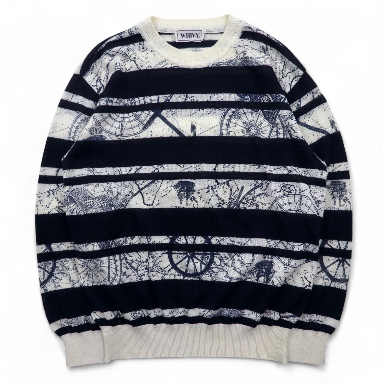 Maglione a righe vintage anni '90 WHIVY in lino, taglia M, bianco con motivo a righe all-over.