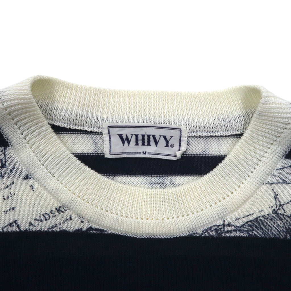 Maglione a righe vintage anni '90 WHIVY in lino, taglia M, bianco con motivo a righe all-over.
