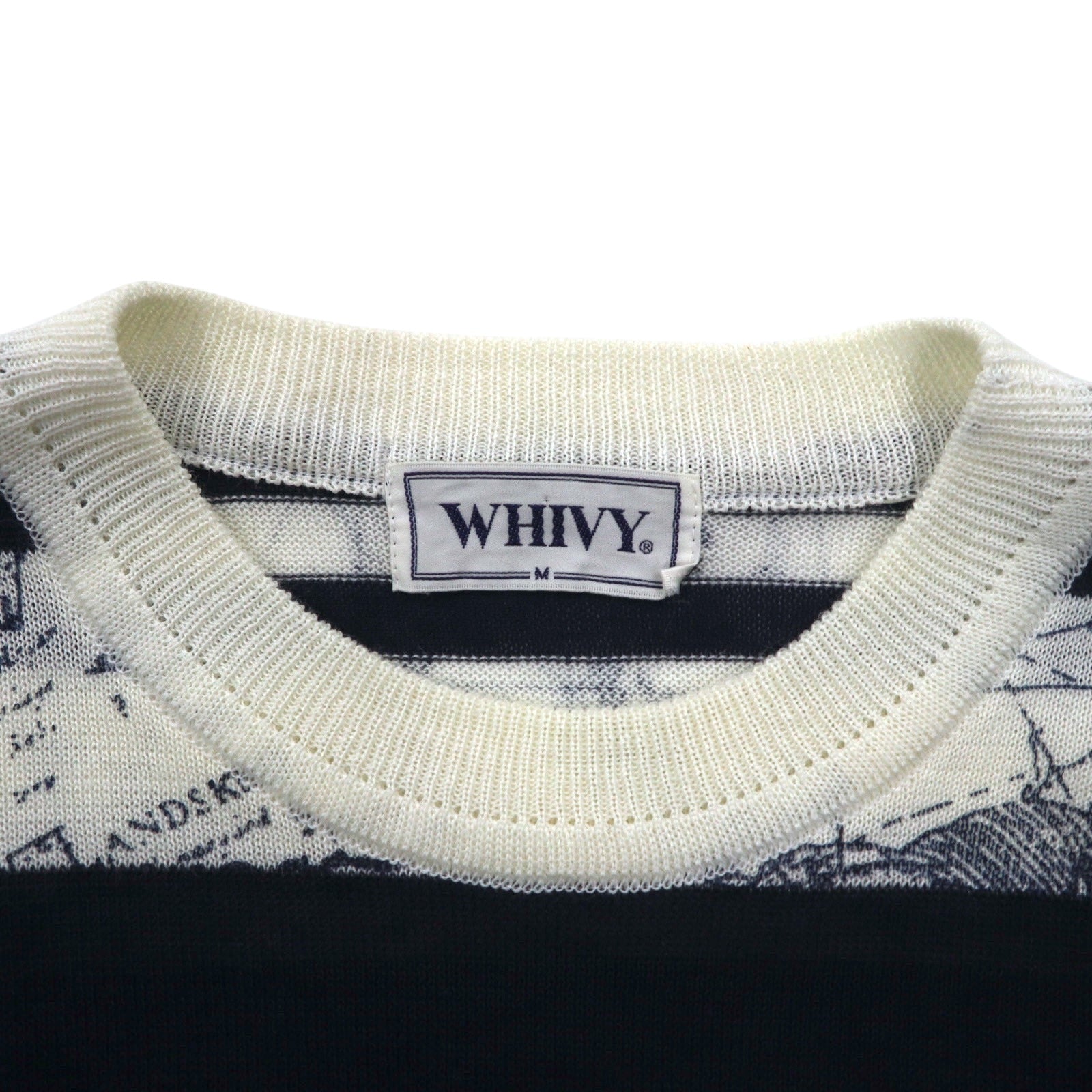 Maglione a righe vintage anni '90 WHIVY in lino, taglia M, bianco con motivo a righe all-over.