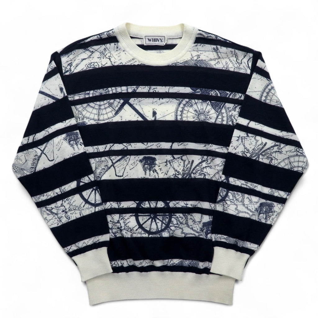 Maglione a righe vintage anni '90 WHIVY in lino, taglia M, bianco con motivo a righe all-over.