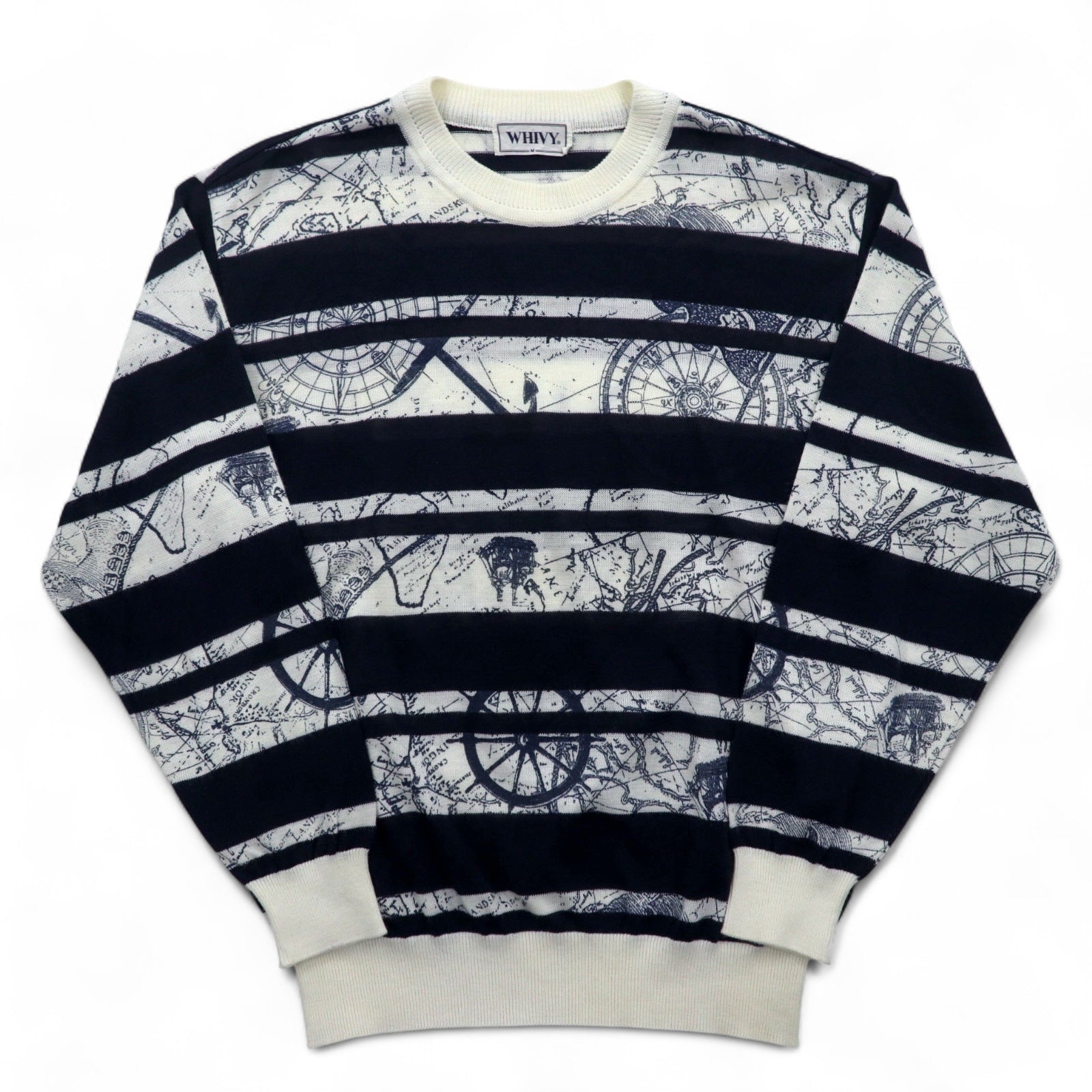 Maglione a righe vintage anni '90 WHIVY in lino, taglia M, bianco con motivo a righe all-over.