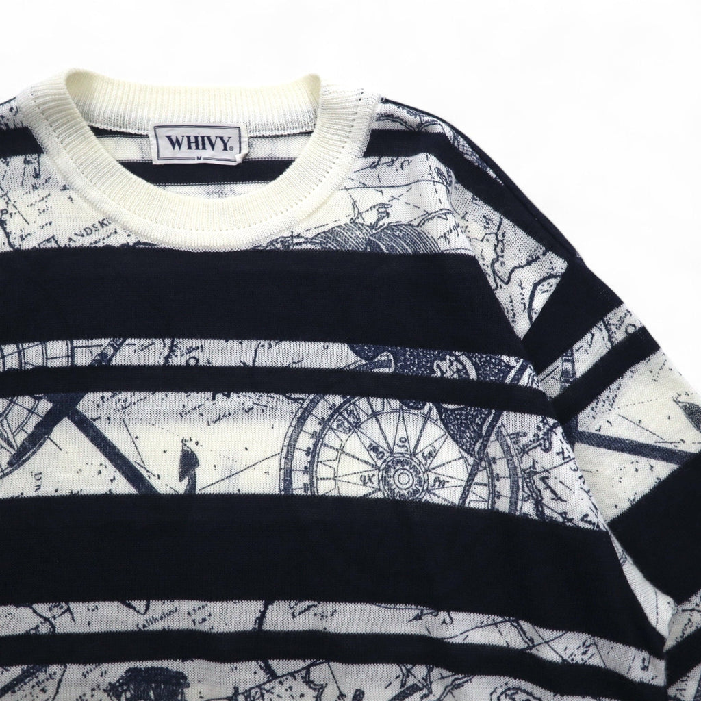 Maglione a righe vintage anni '90 WHIVY in lino, taglia M, bianco con motivo a righe all-over.