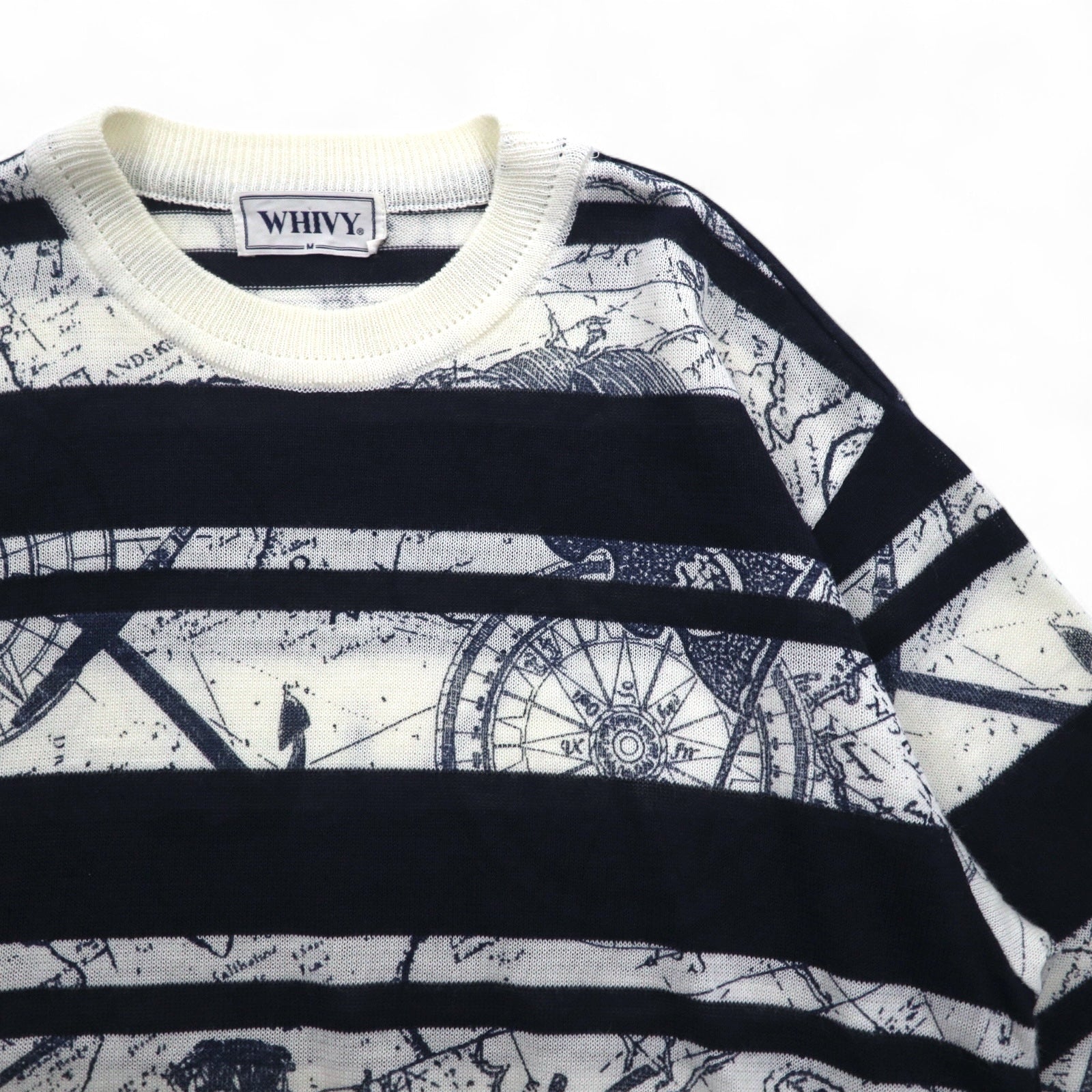 Maglione a righe vintage anni '90 WHIVY in lino, taglia M, bianco con motivo a righe all-over.