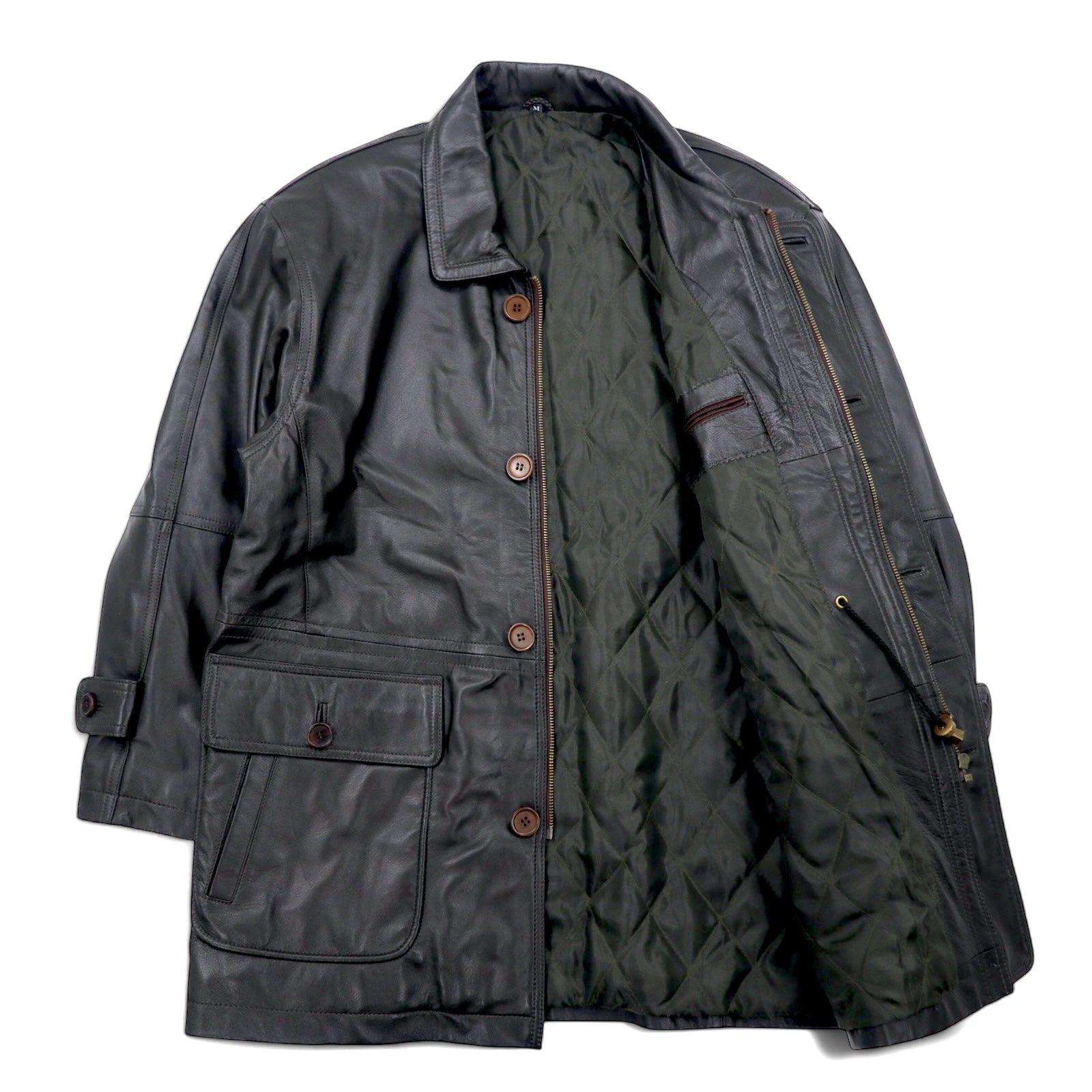 CAPPOTTO IN PELLE VINTAGE Anni '90, pelle di agnello, car coat, taglia M, marrone, pelle ovina, fodera trapuntata, coulisse