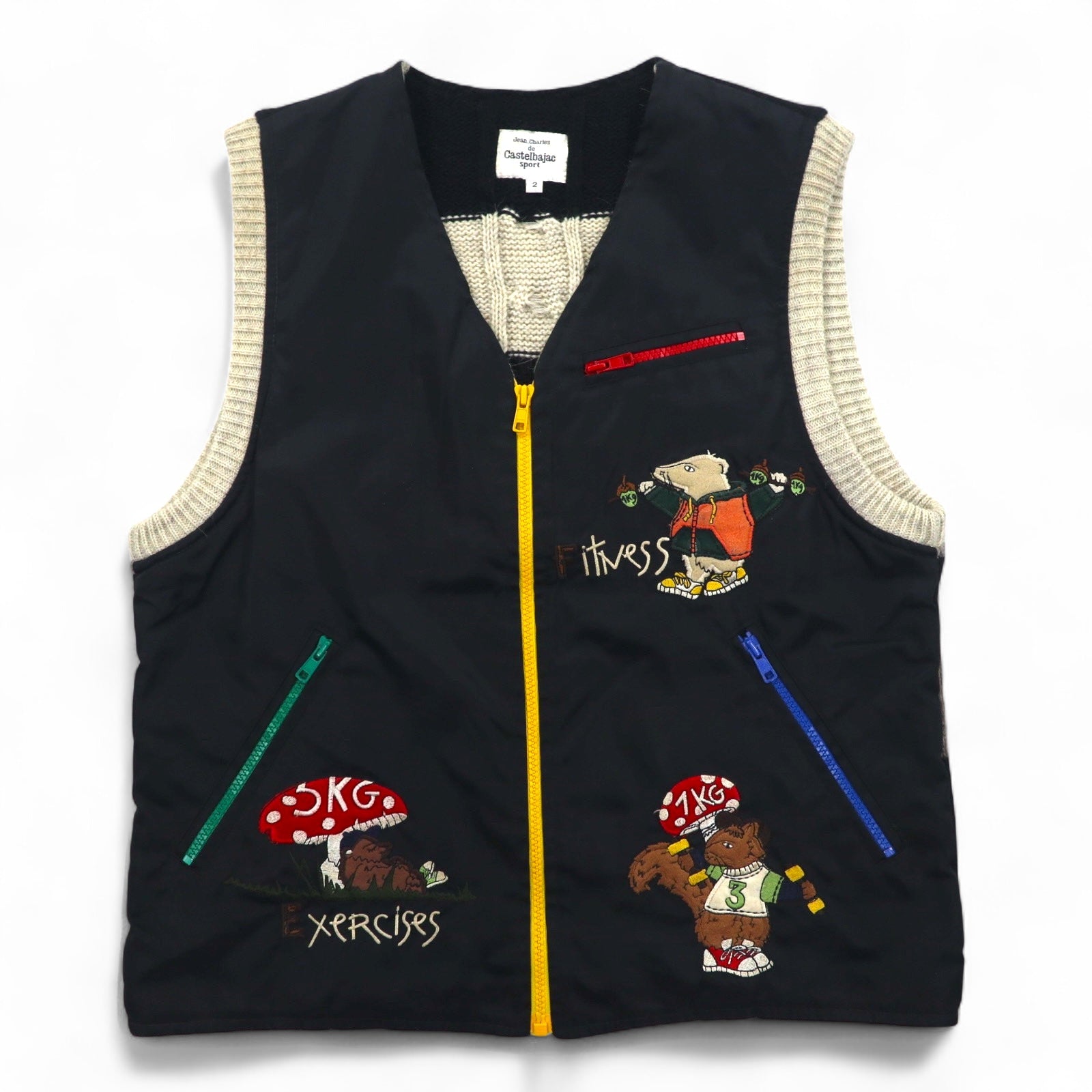 Castelbajac Sport gilet con cerniera intera anni '90 in tessuto misto, taglia M, nero, ricamo personaggio