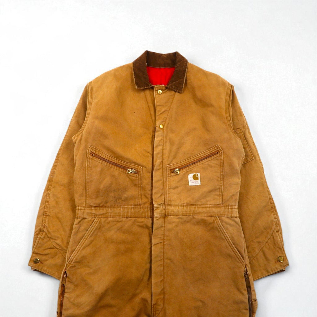 Carhartt, tuta intera imbottita in duck degli anni '70, made in USA, taglia L, color cammello, fodera trapuntata, cerniera GRIPPER ZIPPER 996QZ