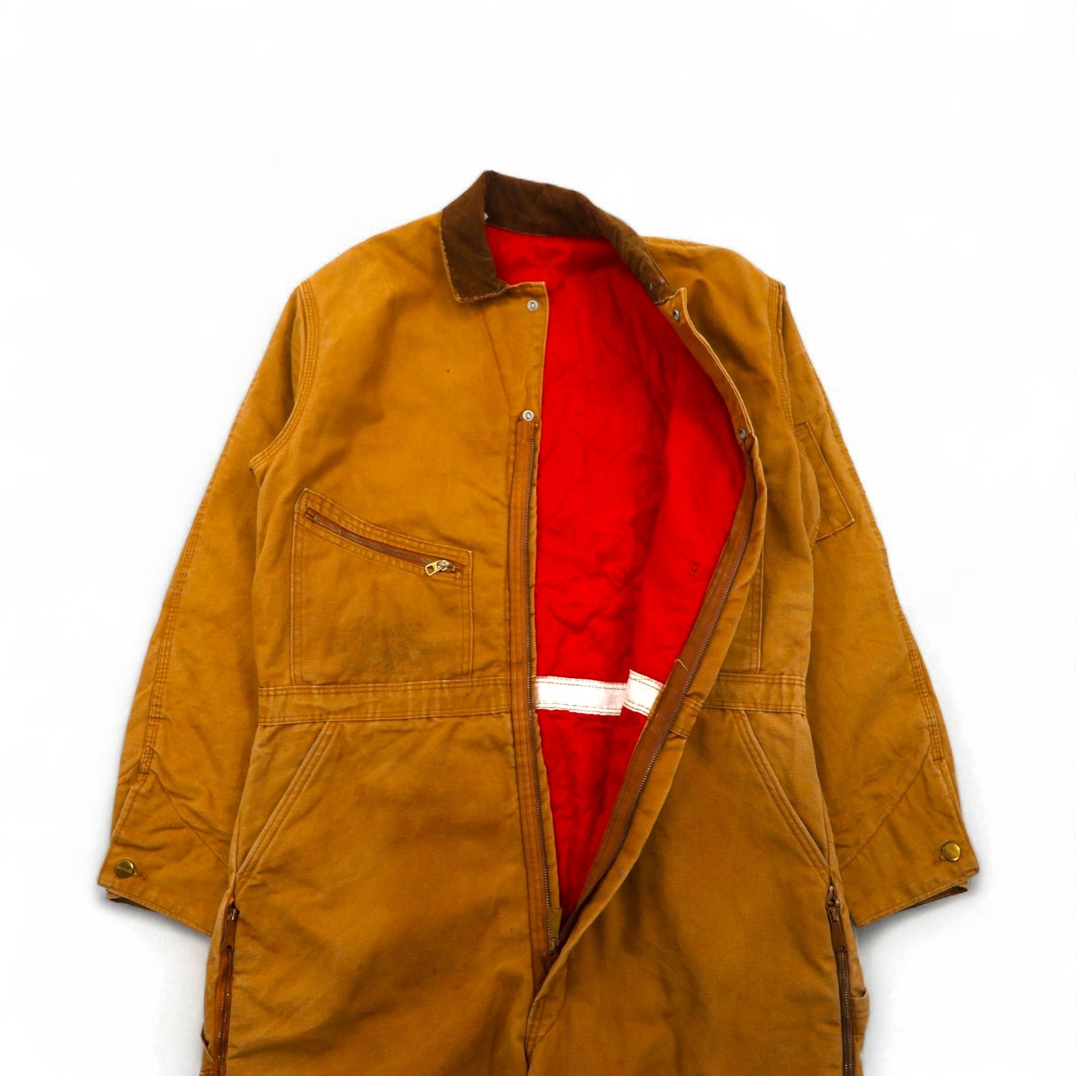 Carhartt, tuta intera imbottita in duck degli anni '70, made in USA, taglia L, color cammello, fodera trapuntata, cerniera GRIPPER ZIPPER 996QZ