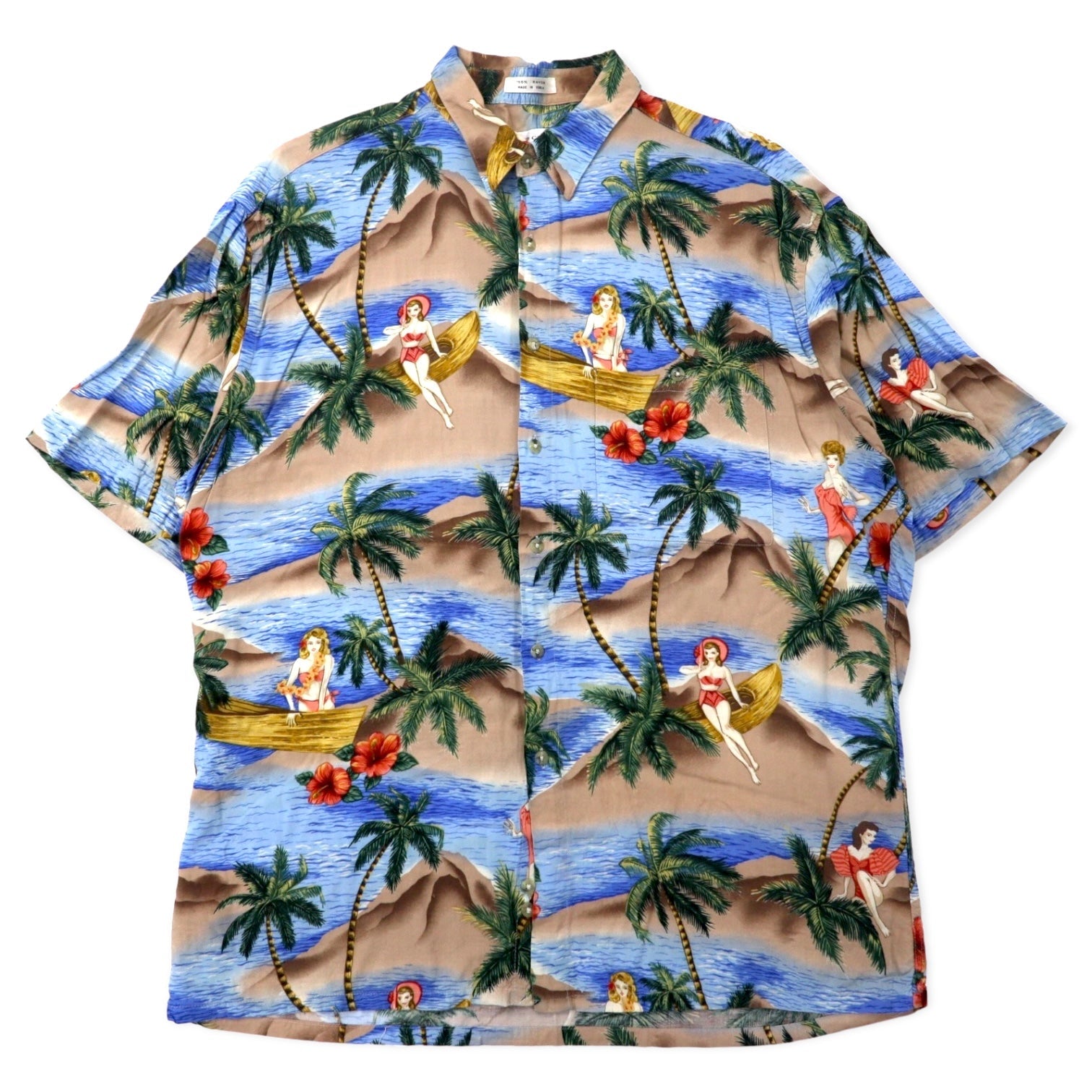 pierre cardin anni '90 camicia hawaiana L blu rayon fantasia beach pin-up girl