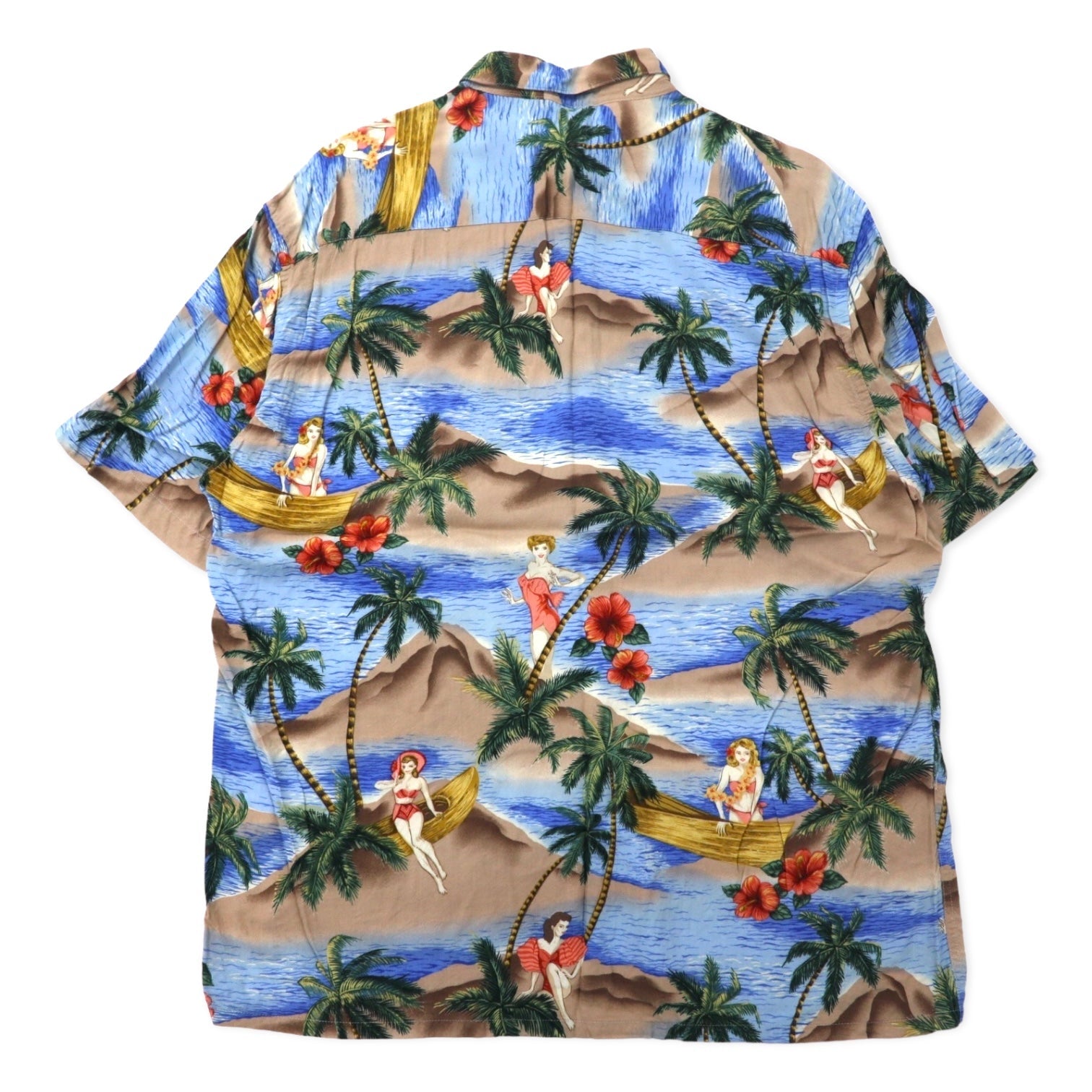 pierre cardin anni '90 camicia hawaiana L blu rayon fantasia beach pin-up girl