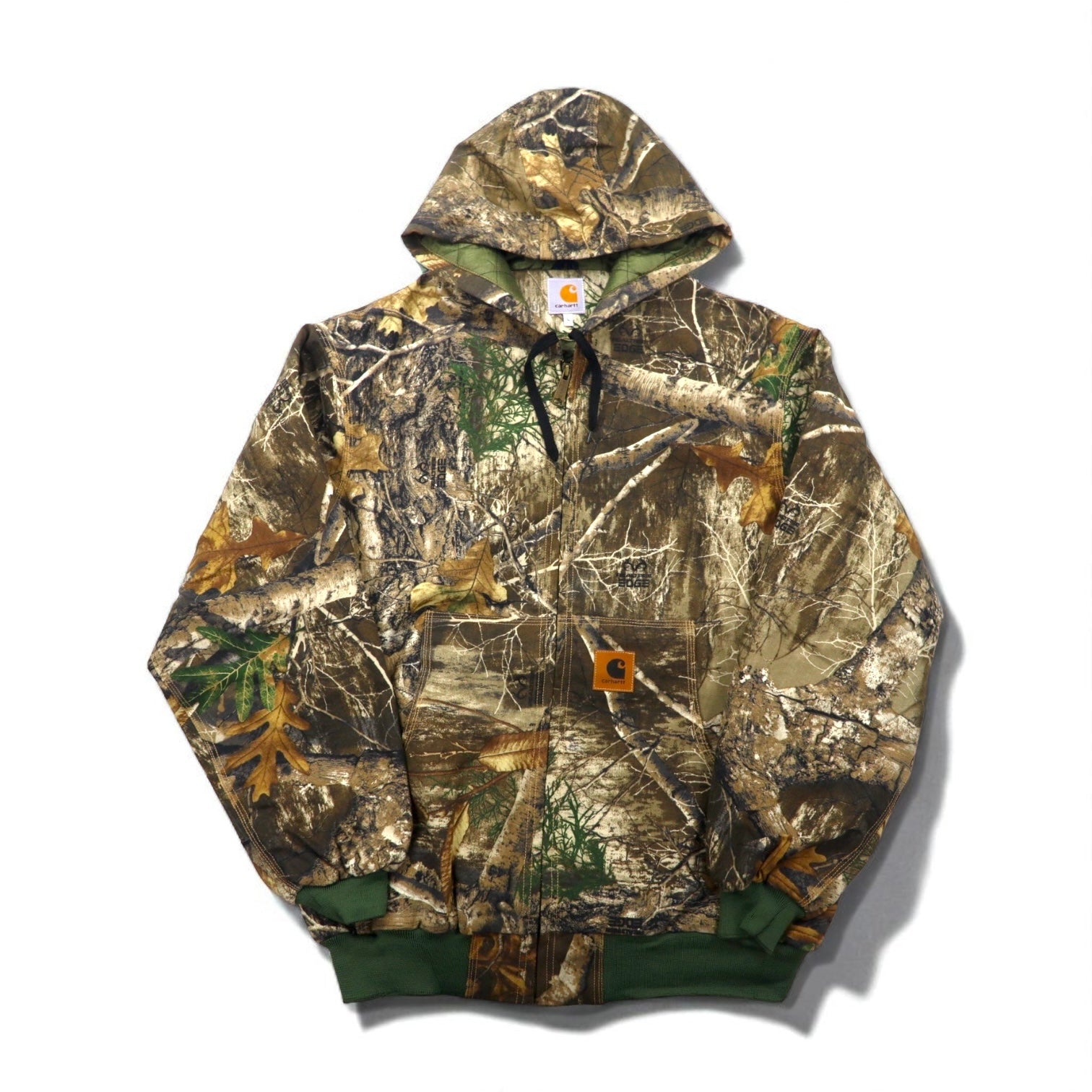 Carhartt, rielaborato, riassemblato, mimetica Real Tree, giacca Active, felpa con cappuccio, taglia L, kaki, cotone