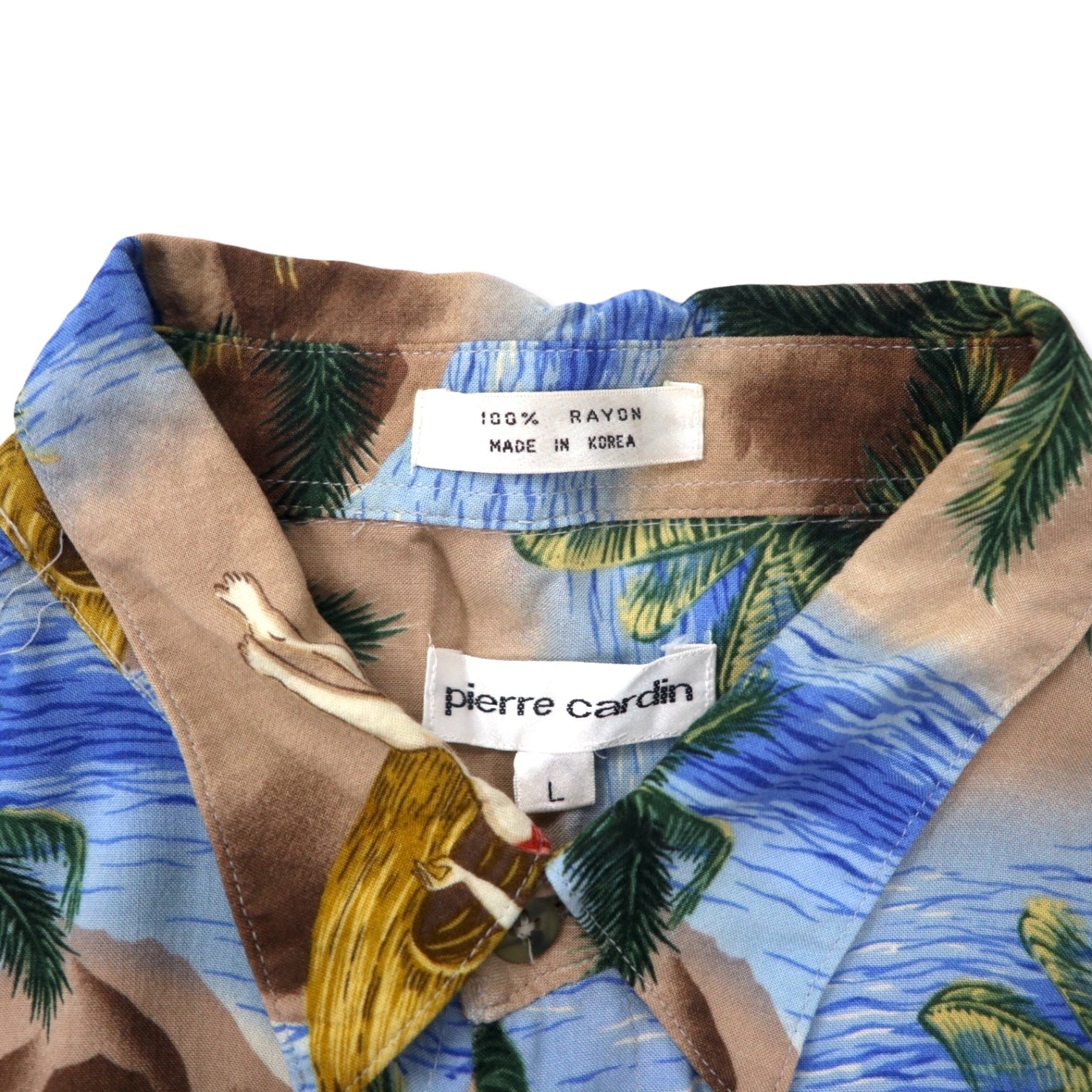 pierre cardin anni '90 camicia hawaiana L blu rayon fantasia beach pin-up girl