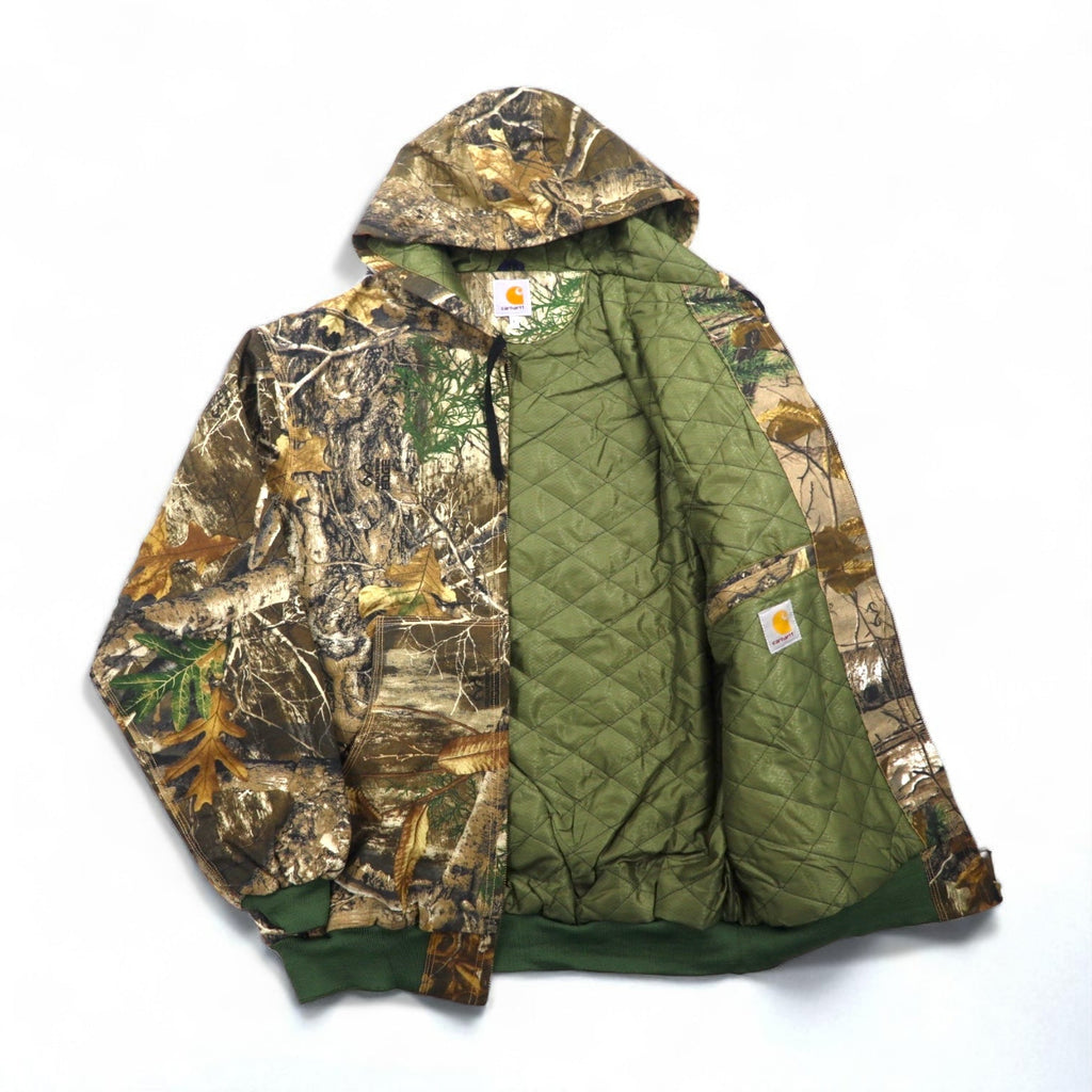 Carhartt, rielaborato, riassemblato, mimetica Real Tree, giacca Active, felpa con cappuccio, taglia L, kaki, cotone