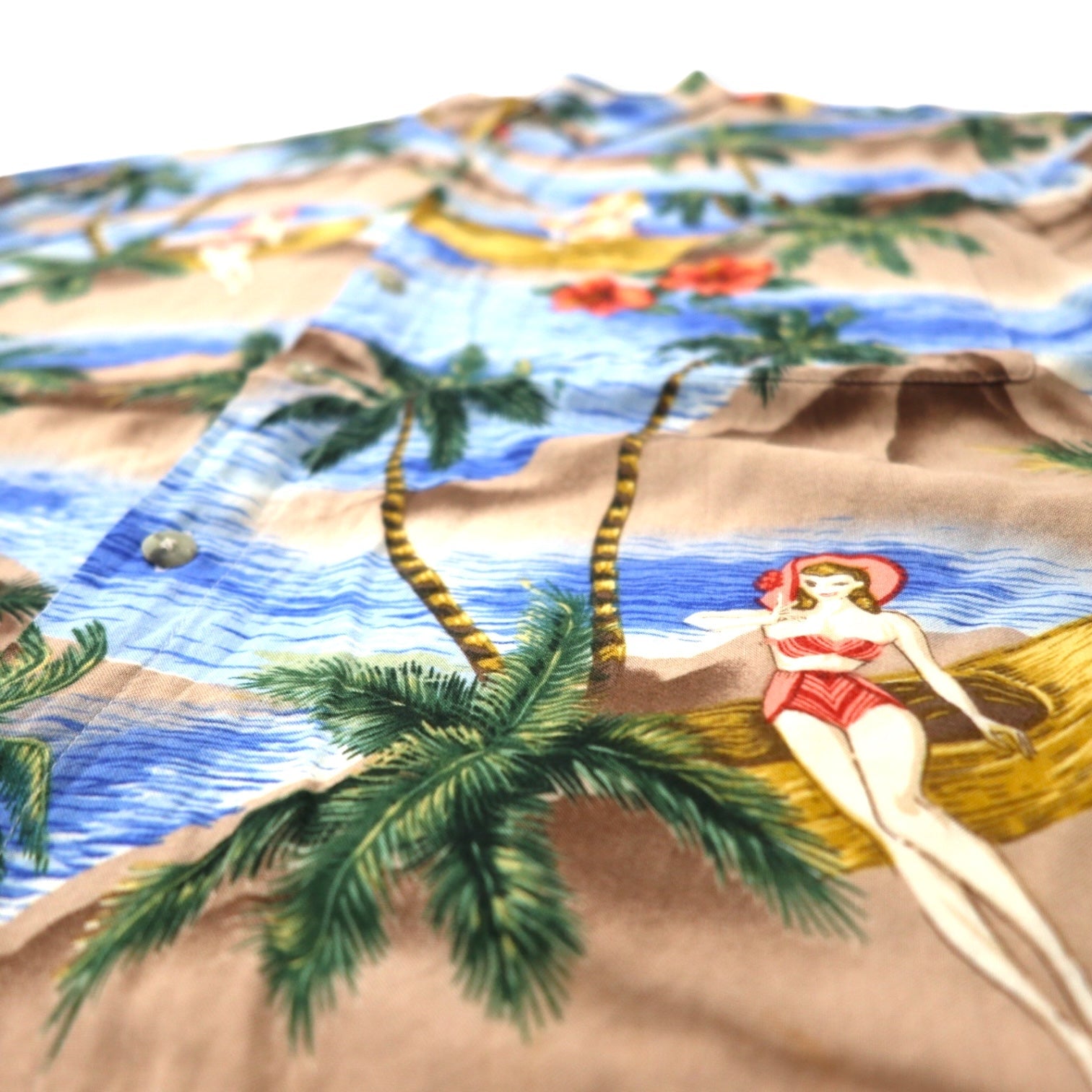 pierre cardin anni '90 camicia hawaiana L blu rayon fantasia beach pin-up girl